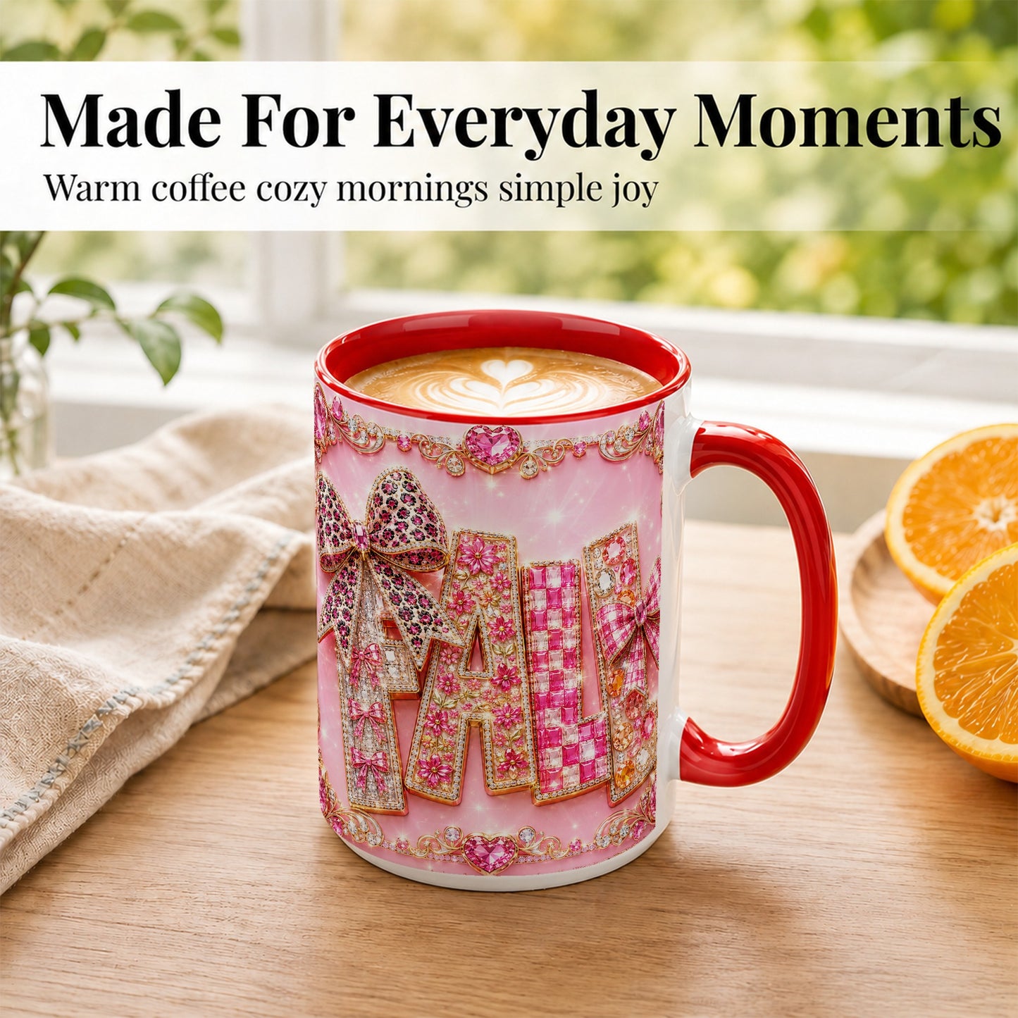#pl[15oz|Red] Pink Gemstone Fall Coffee Mug, Bow Autumn Mug, Ceramic Cup