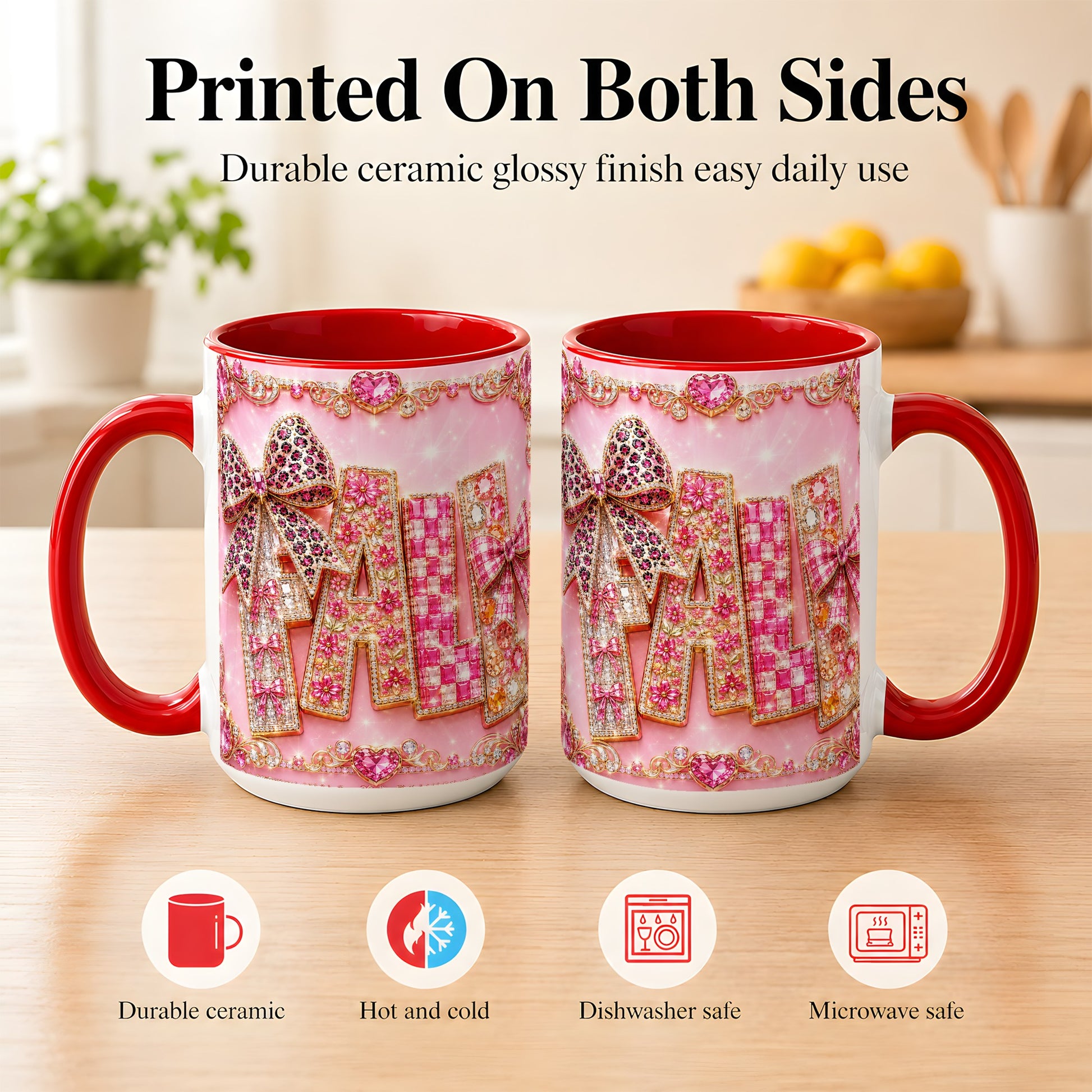 #pl[15oz|Red] Pink Gemstone Fall Coffee Mug, Bow Autumn Mug, Ceramic Cup