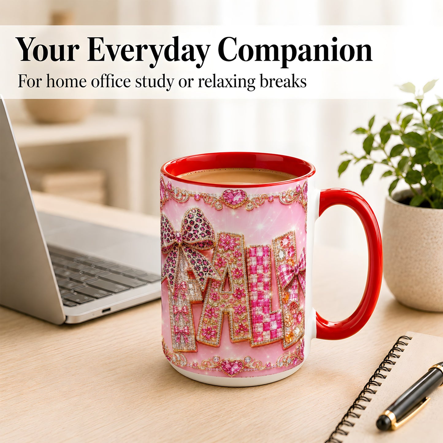 #pl[15oz|Red] Pink Gemstone Fall Coffee Mug, Bow Autumn Mug, Ceramic Cup