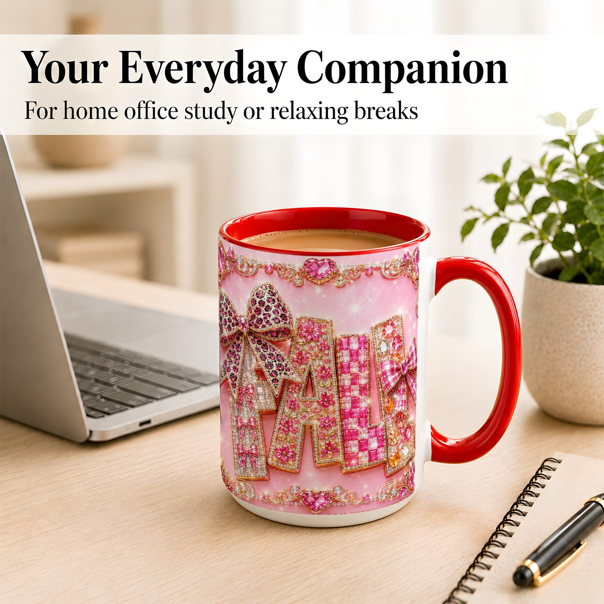 #pl[15oz|Red] Pink Gemstone Fall Coffee Mug, Bow Autumn Mug, Ceramic Cup