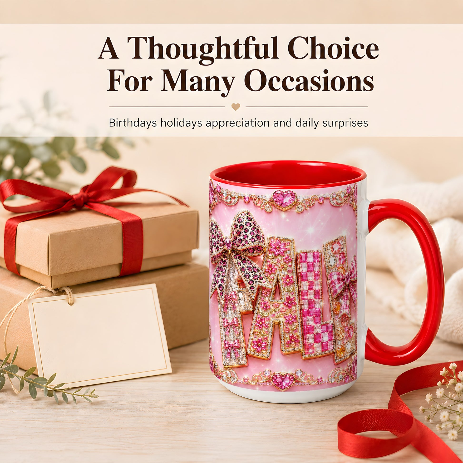 #pl[15oz|Red] Pink Gemstone Fall Coffee Mug, Bow Autumn Mug, Ceramic Cup