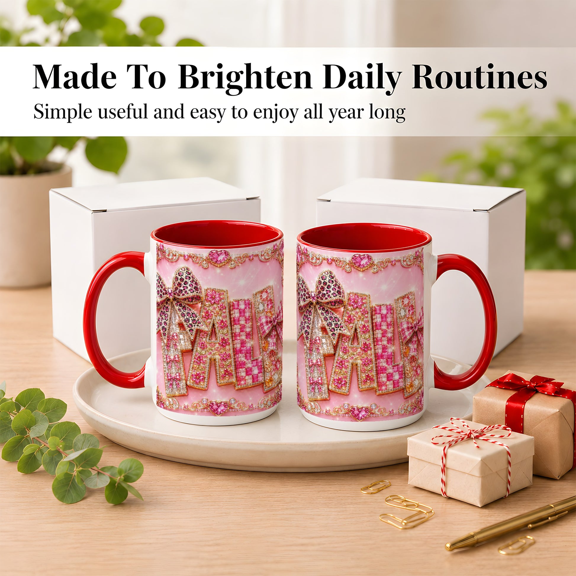 #pl[15oz|Red] Pink Gemstone Fall Coffee Mug, Bow Autumn Mug, Ceramic Cup