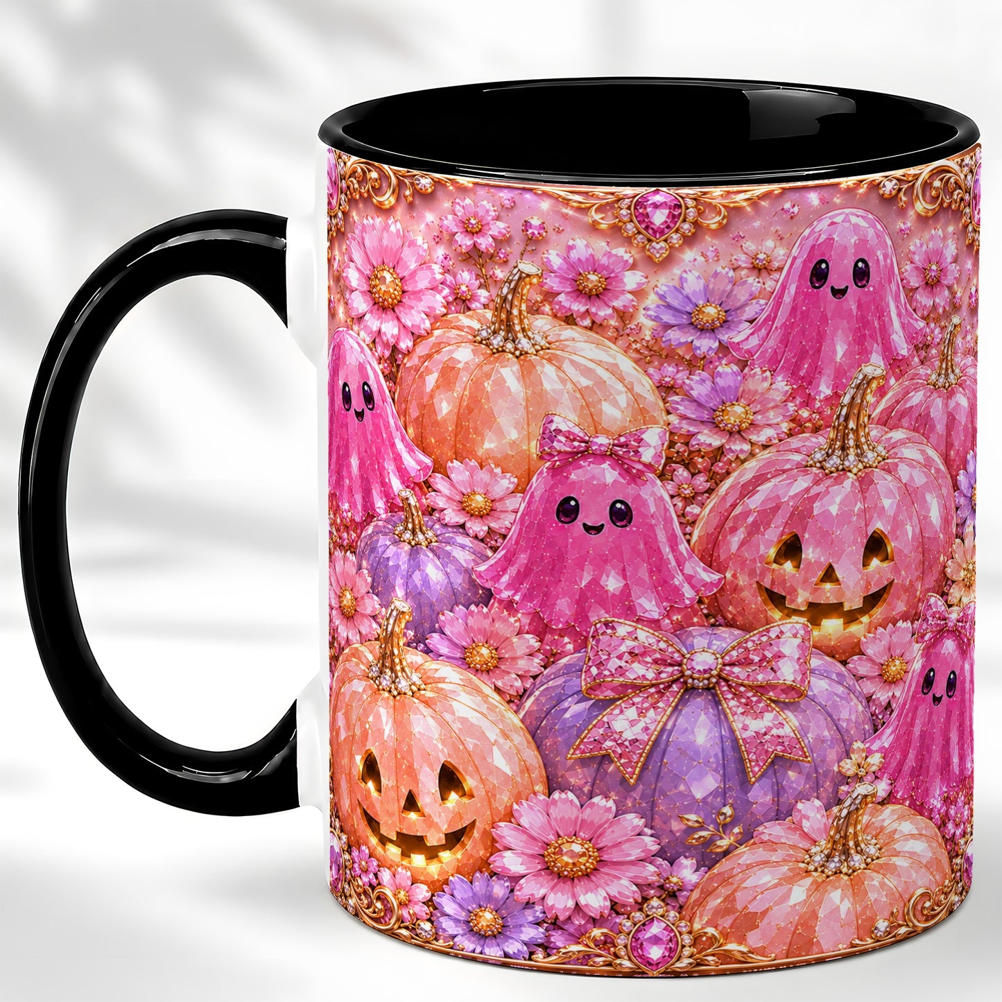 #pl[11oz|Black] Cute Pink Ghost Coffee Mug, Halloween Pumpkin Mug, Ceramic Cup