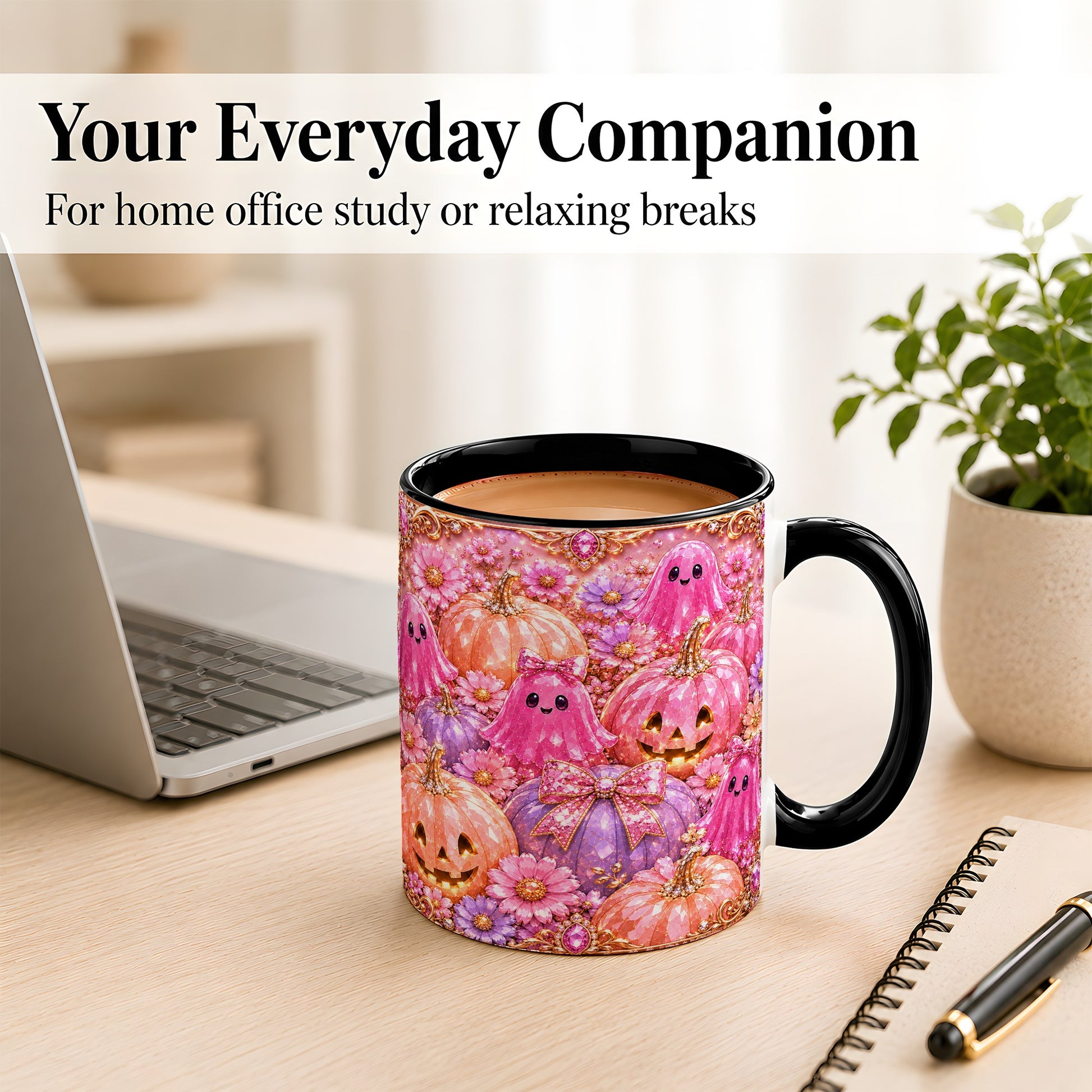#pl[11oz|Black] Cute Pink Ghost Coffee Mug, Halloween Pumpkin Mug, Ceramic Cup