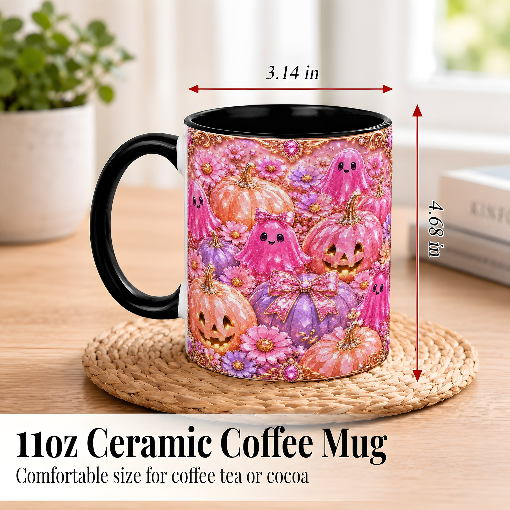 #pl[11oz|Black] Cute Pink Ghost Coffee Mug, Halloween Pumpkin Mug, Ceramic Cup