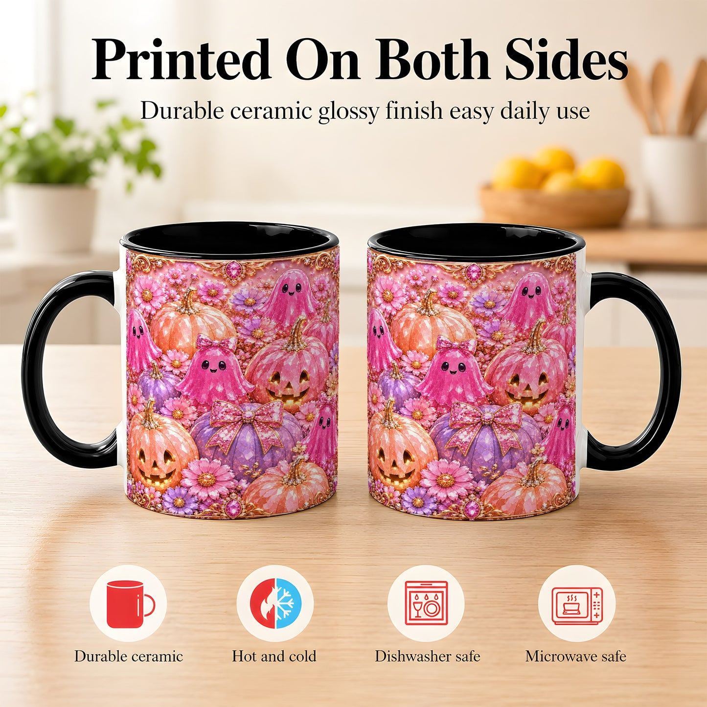 #pl[11oz|Black] Cute Pink Ghost Coffee Mug, Halloween Pumpkin Mug, Ceramic Cup