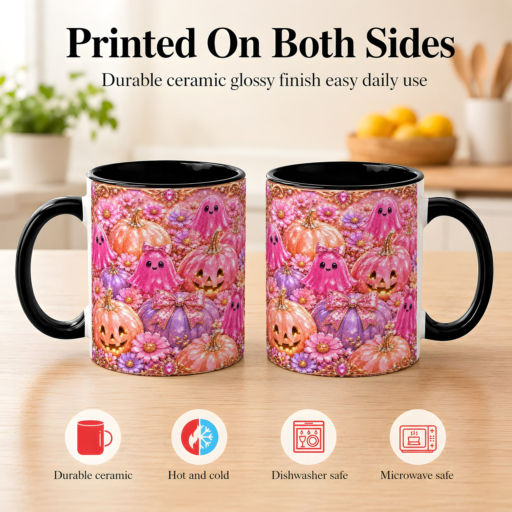 #pl[11oz|Black] Cute Pink Ghost Coffee Mug, Halloween Pumpkin Mug, Ceramic Cup