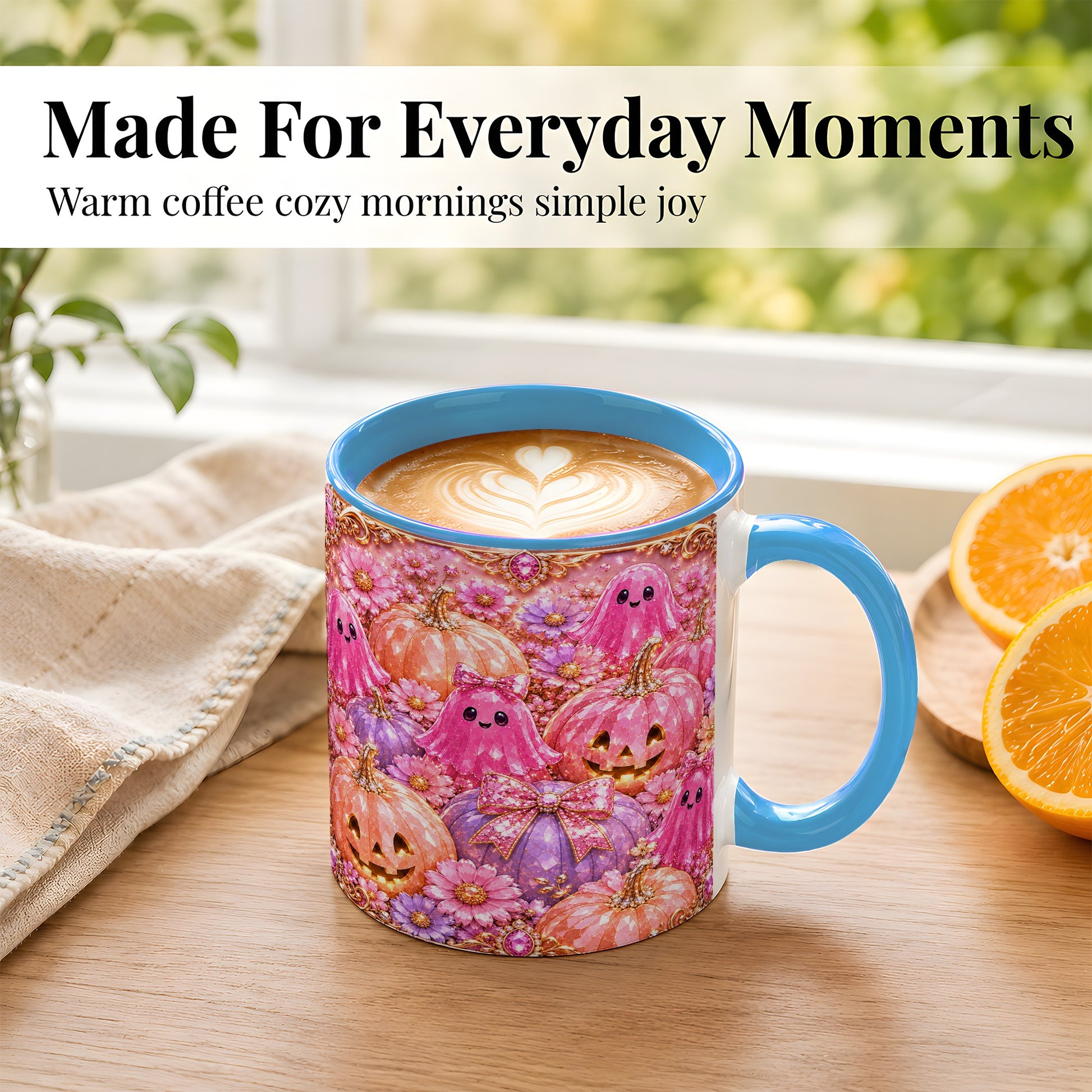 #pl[11oz|Blue] Cute Pink Ghost Coffee Mug, Halloween Pumpkin Mug, Ceramic Cup
