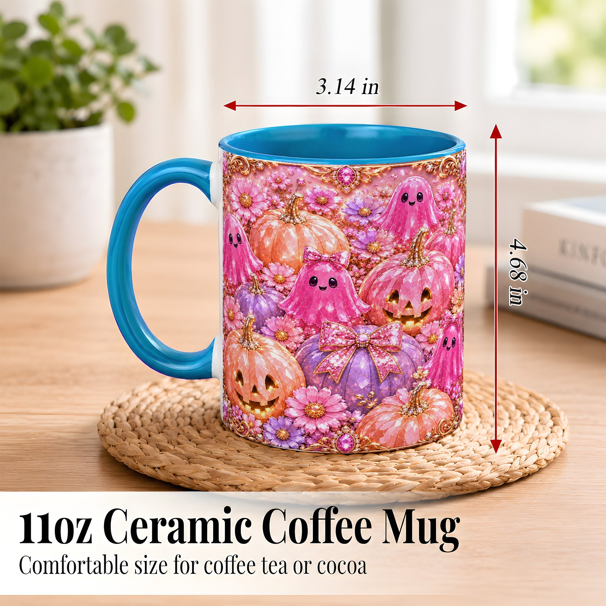 #pl[11oz|Blue] Cute Pink Ghost Coffee Mug, Halloween Pumpkin Mug, Ceramic Cup