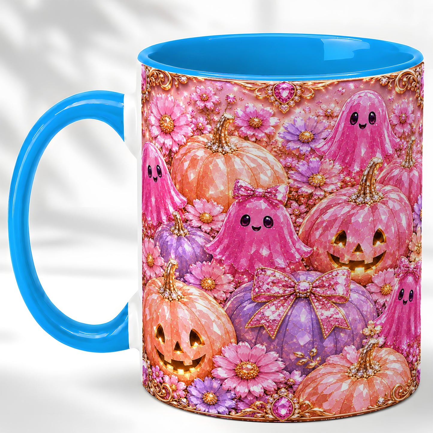 #pl[11oz|Blue] Cute Pink Ghost Coffee Mug, Halloween Pumpkin Mug, Ceramic Cup