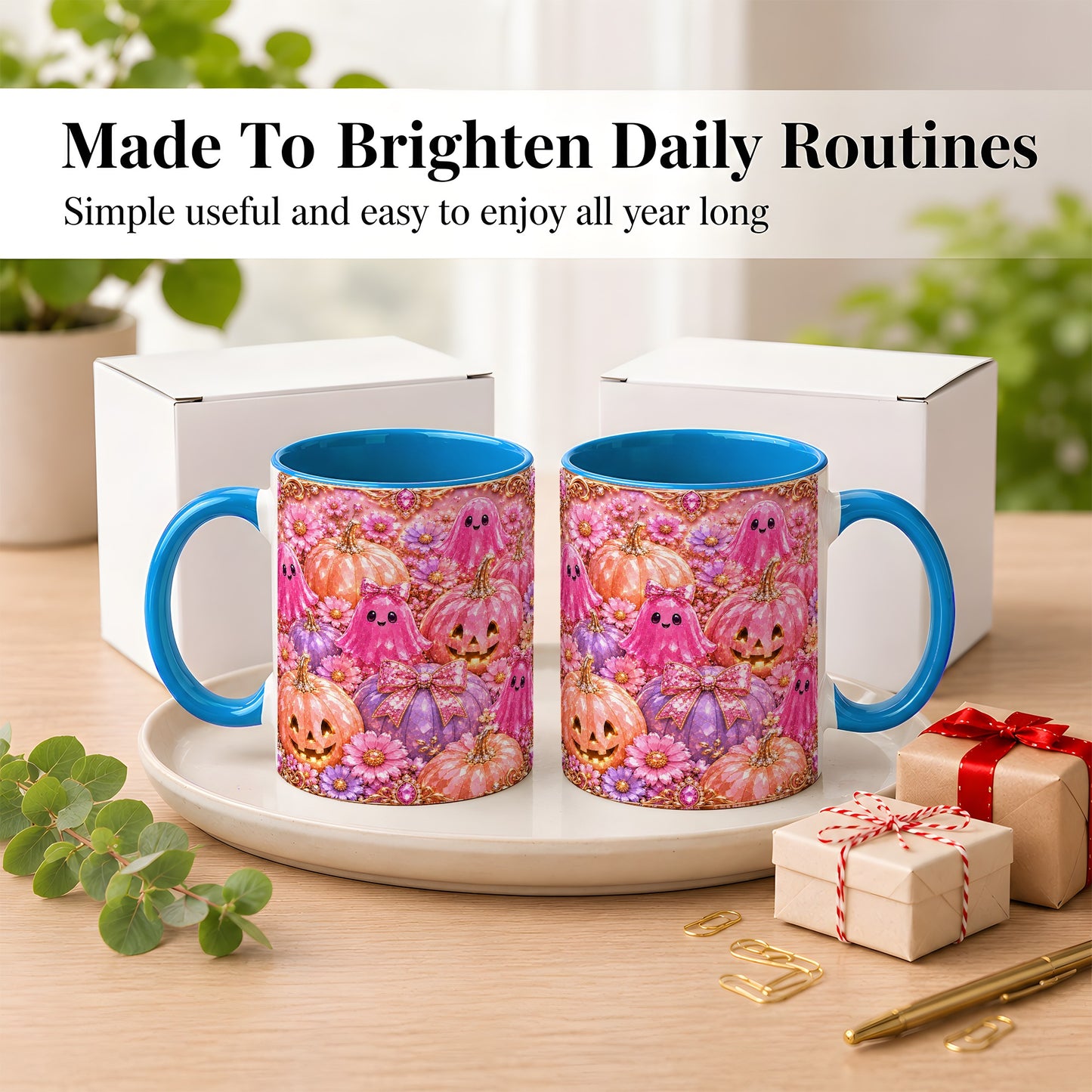#pl[11oz|Blue] Cute Pink Ghost Coffee Mug, Halloween Pumpkin Mug, Ceramic Cup