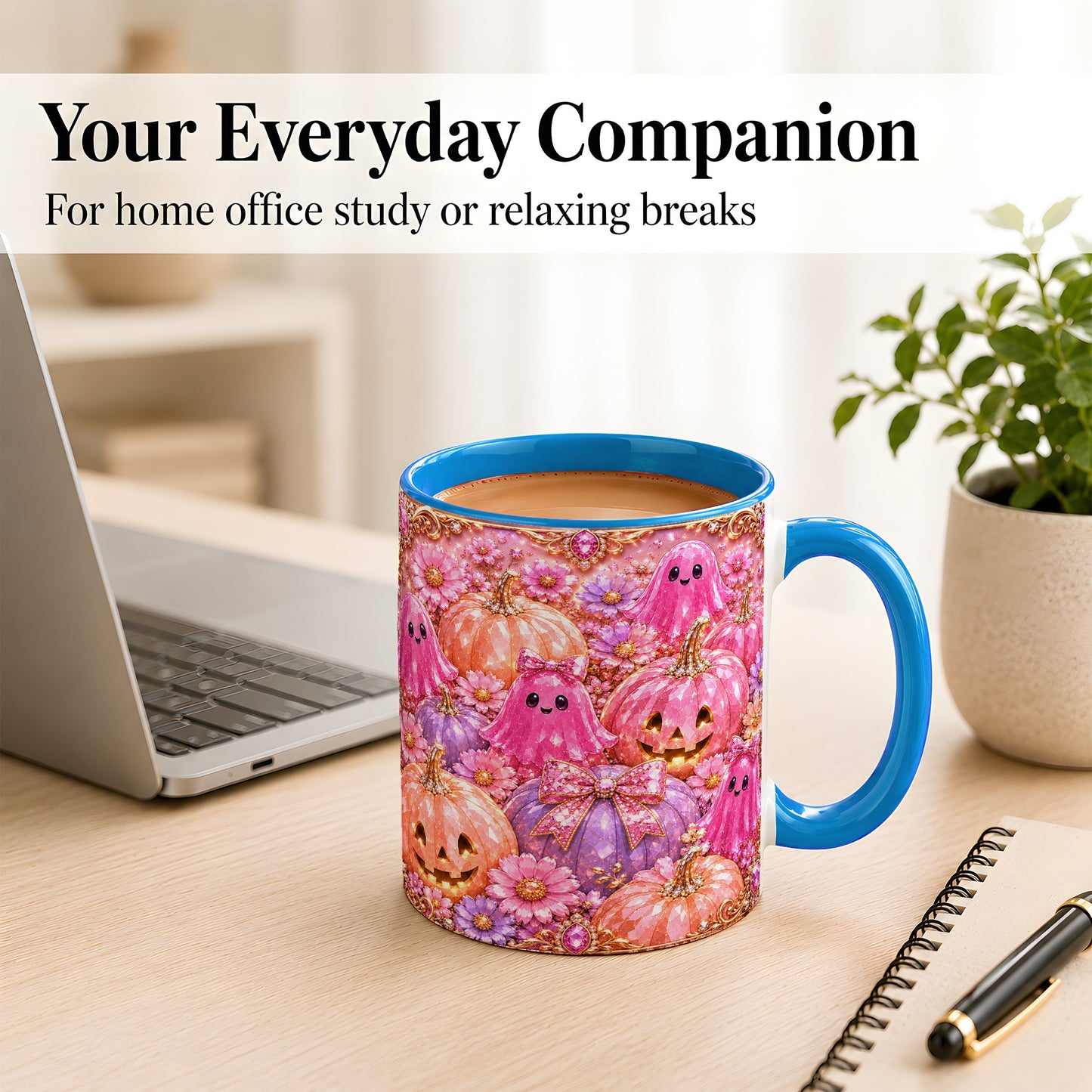 #pl[11oz|Blue] Cute Pink Ghost Coffee Mug, Halloween Pumpkin Mug, Ceramic Cup