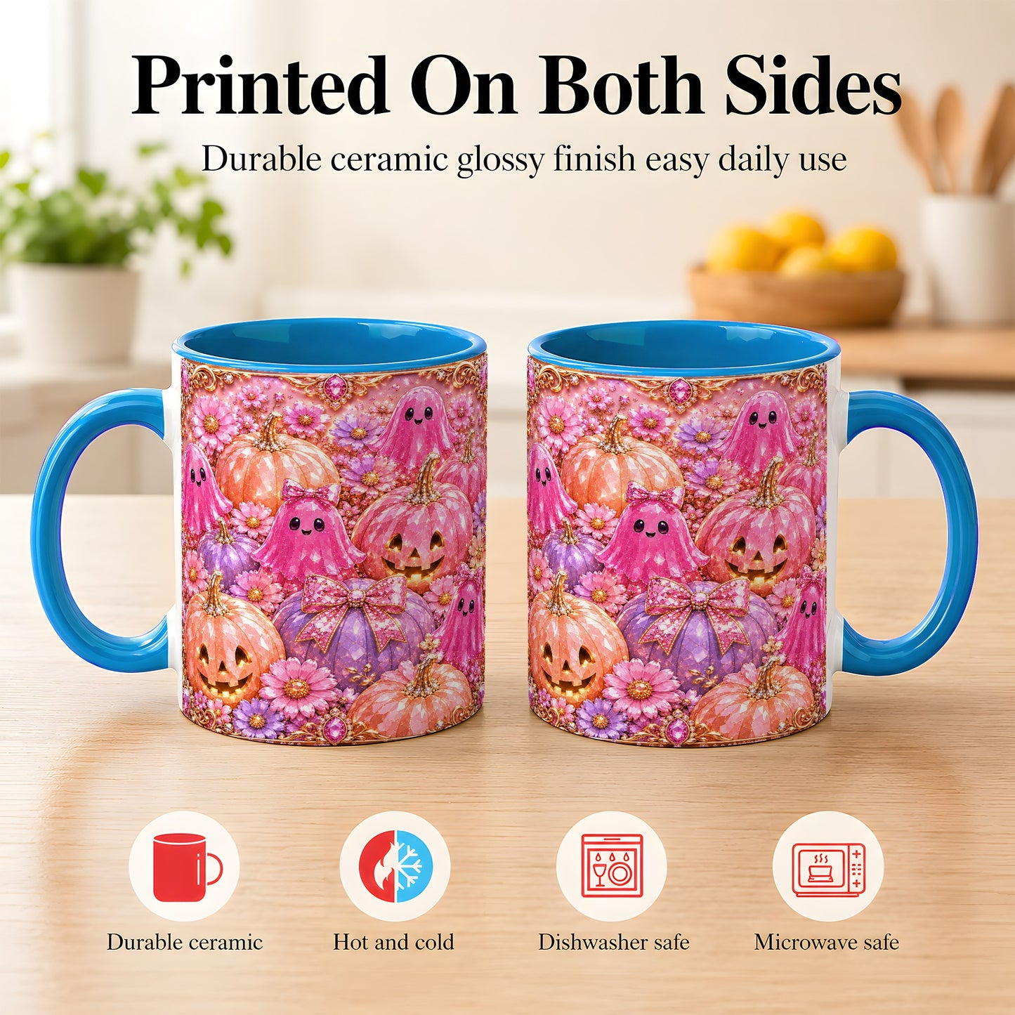 #pl[11oz|Blue] Cute Pink Ghost Coffee Mug, Halloween Pumpkin Mug, Ceramic Cup