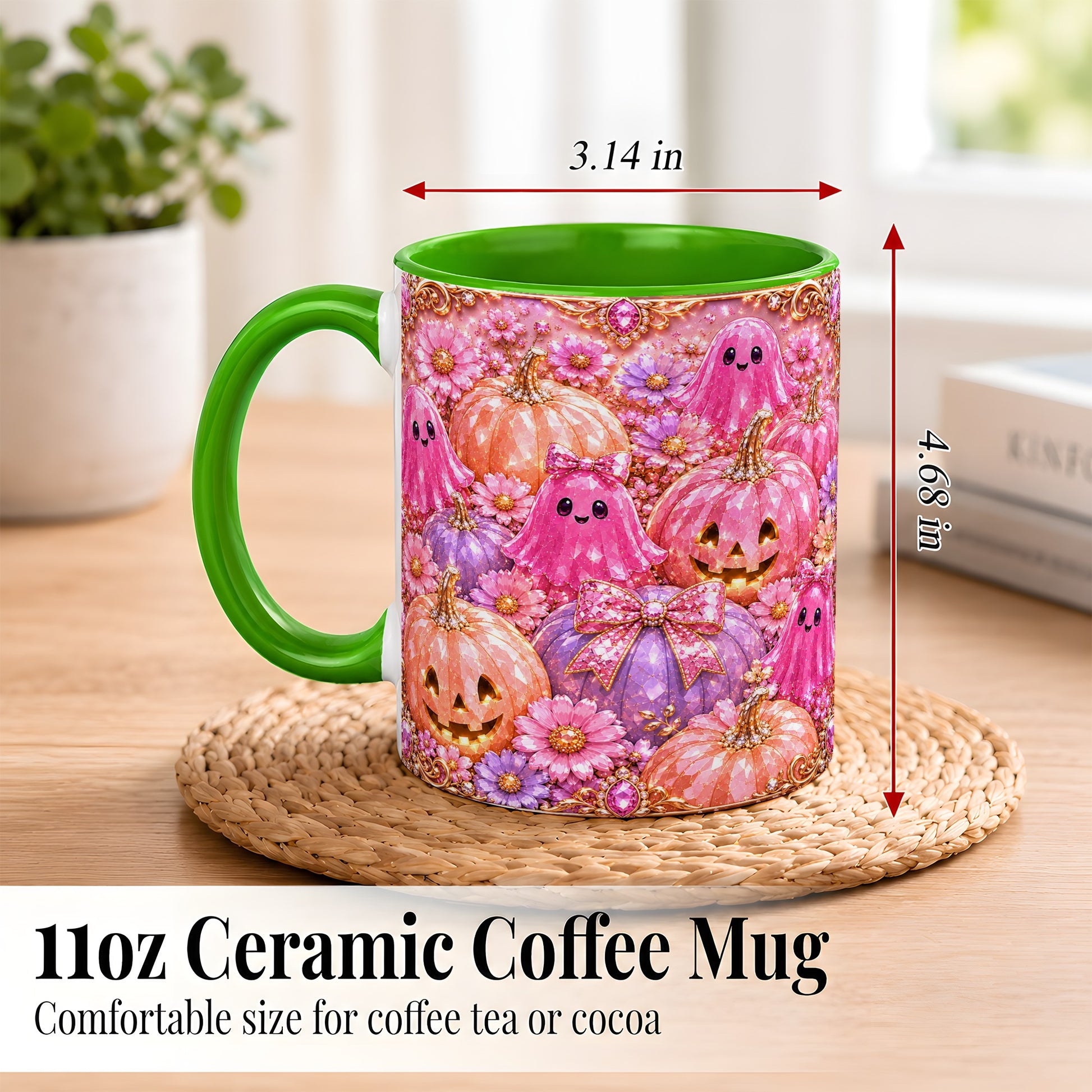 #pl[11oz|Green] Cute Pink Ghost Coffee Mug, Halloween Pumpkin Mug, Ceramic Cup