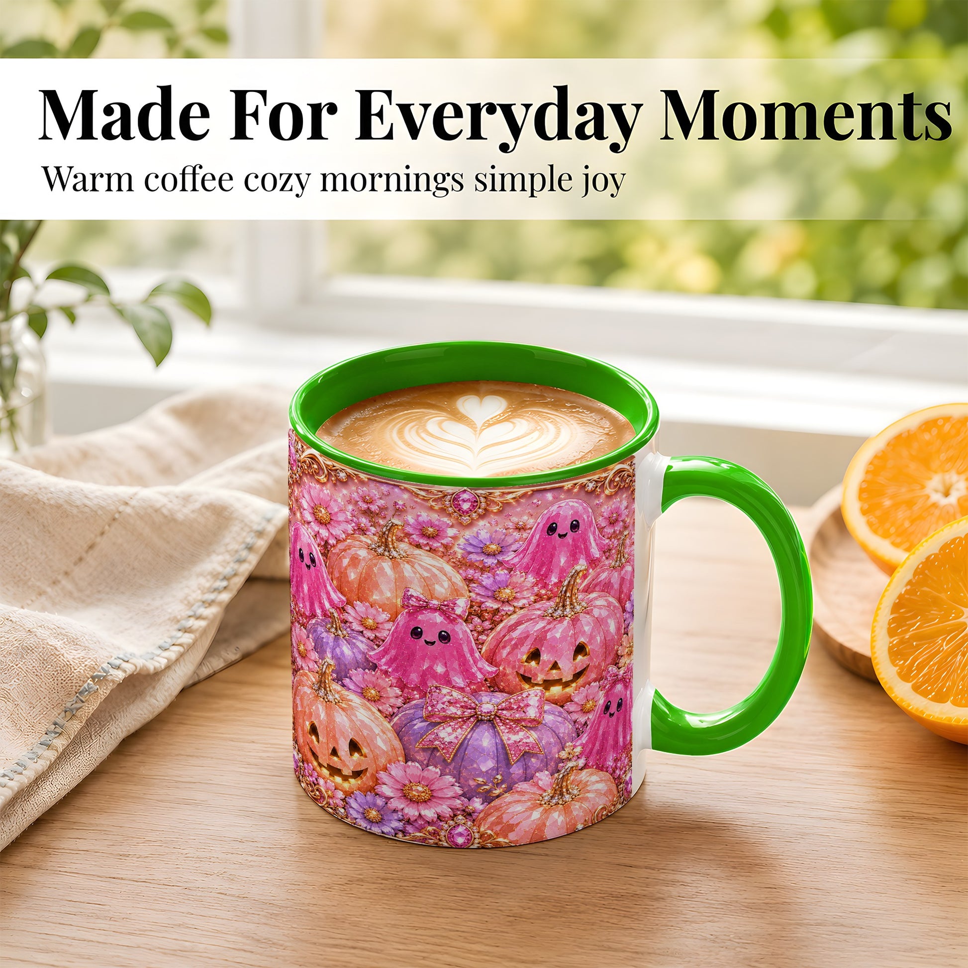 #pl[11oz|Green] Cute Pink Ghost Coffee Mug, Halloween Pumpkin Mug, Ceramic Cup