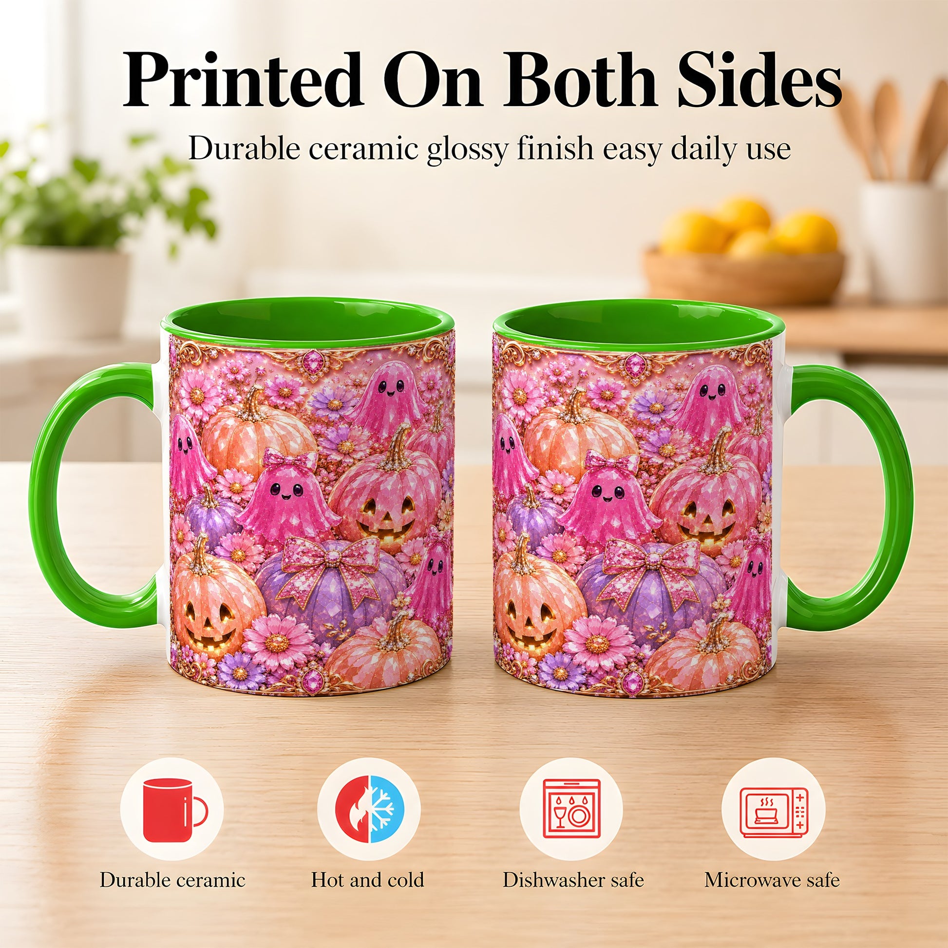 #pl[11oz|Green] Cute Pink Ghost Coffee Mug, Halloween Pumpkin Mug, Ceramic Cup