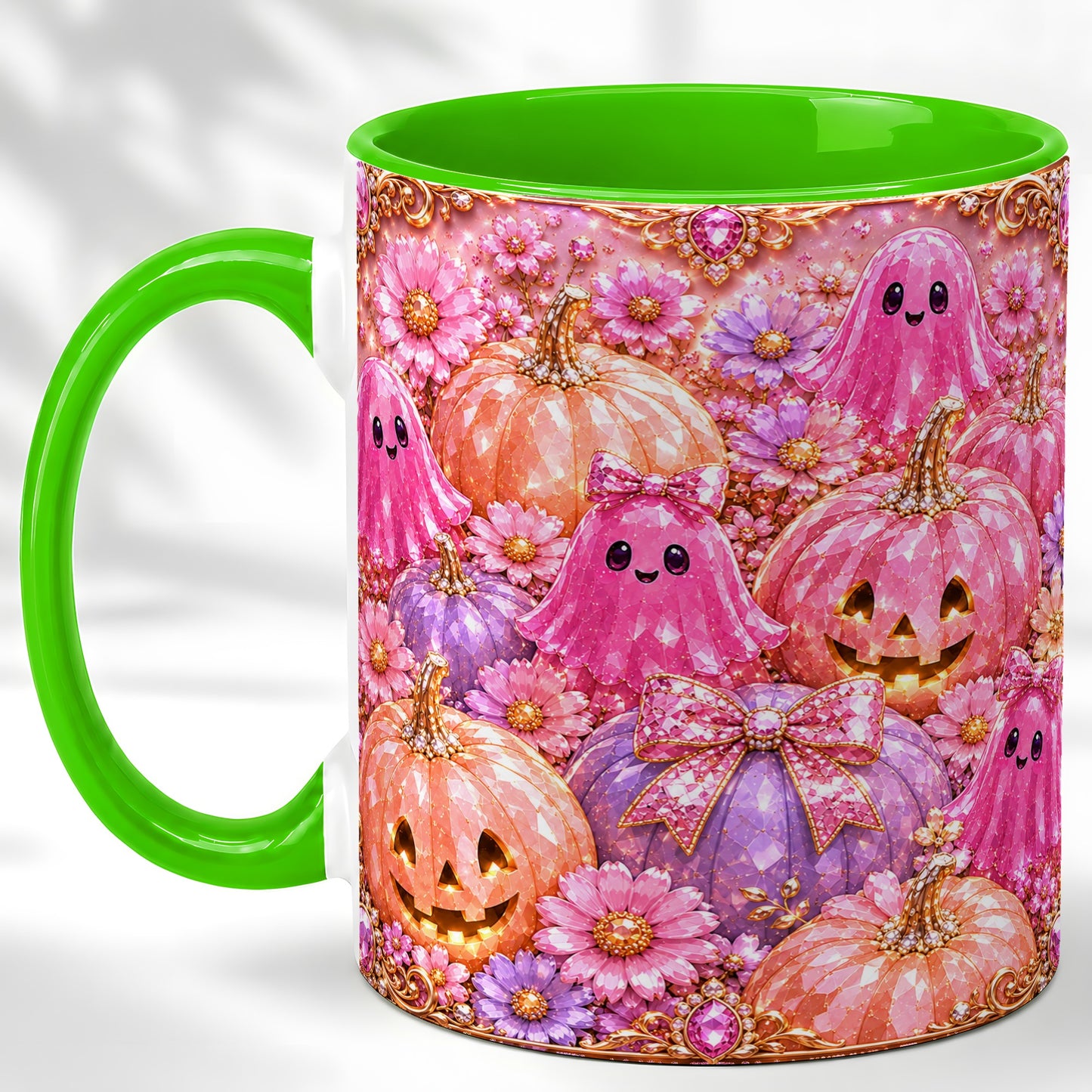 #pl[11oz|Green] Cute Pink Ghost Coffee Mug, Halloween Pumpkin Mug, Ceramic Cup