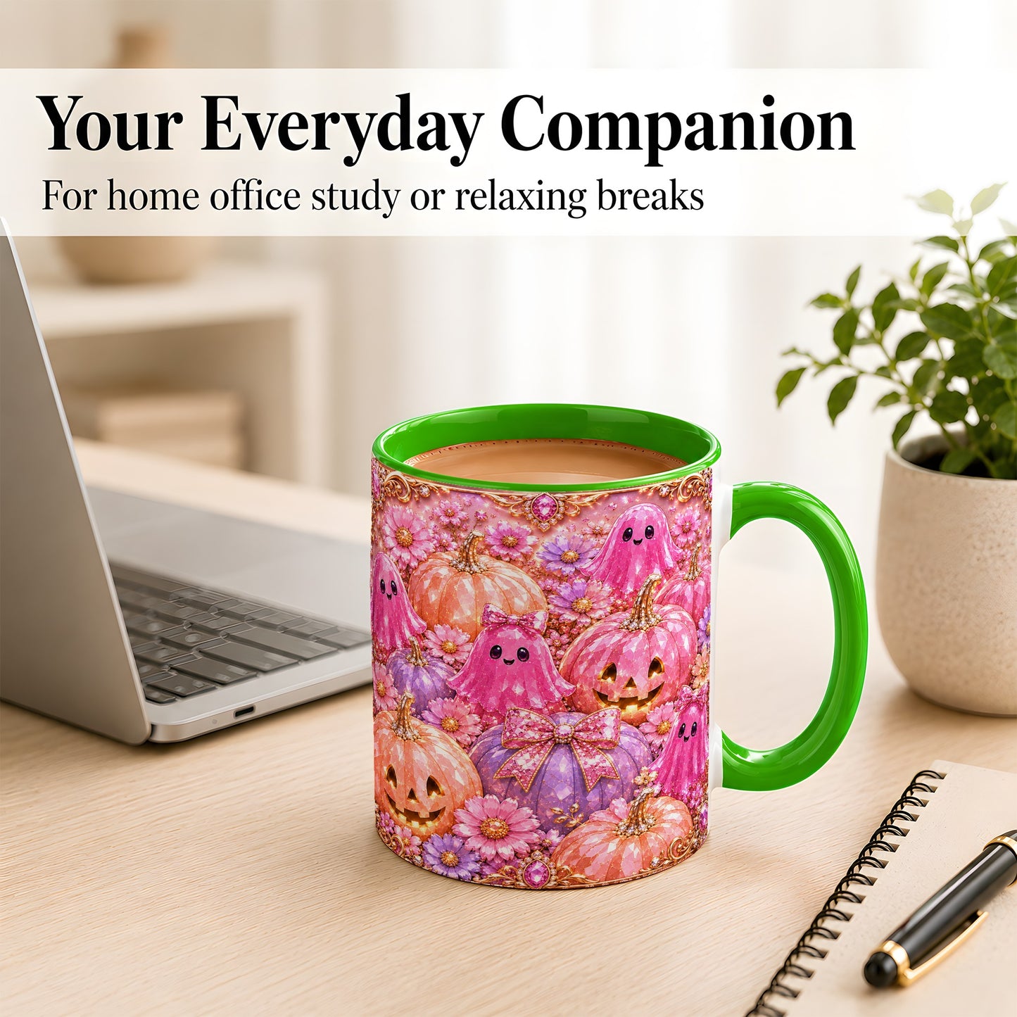 #pl[11oz|Green] Cute Pink Ghost Coffee Mug, Halloween Pumpkin Mug, Ceramic Cup