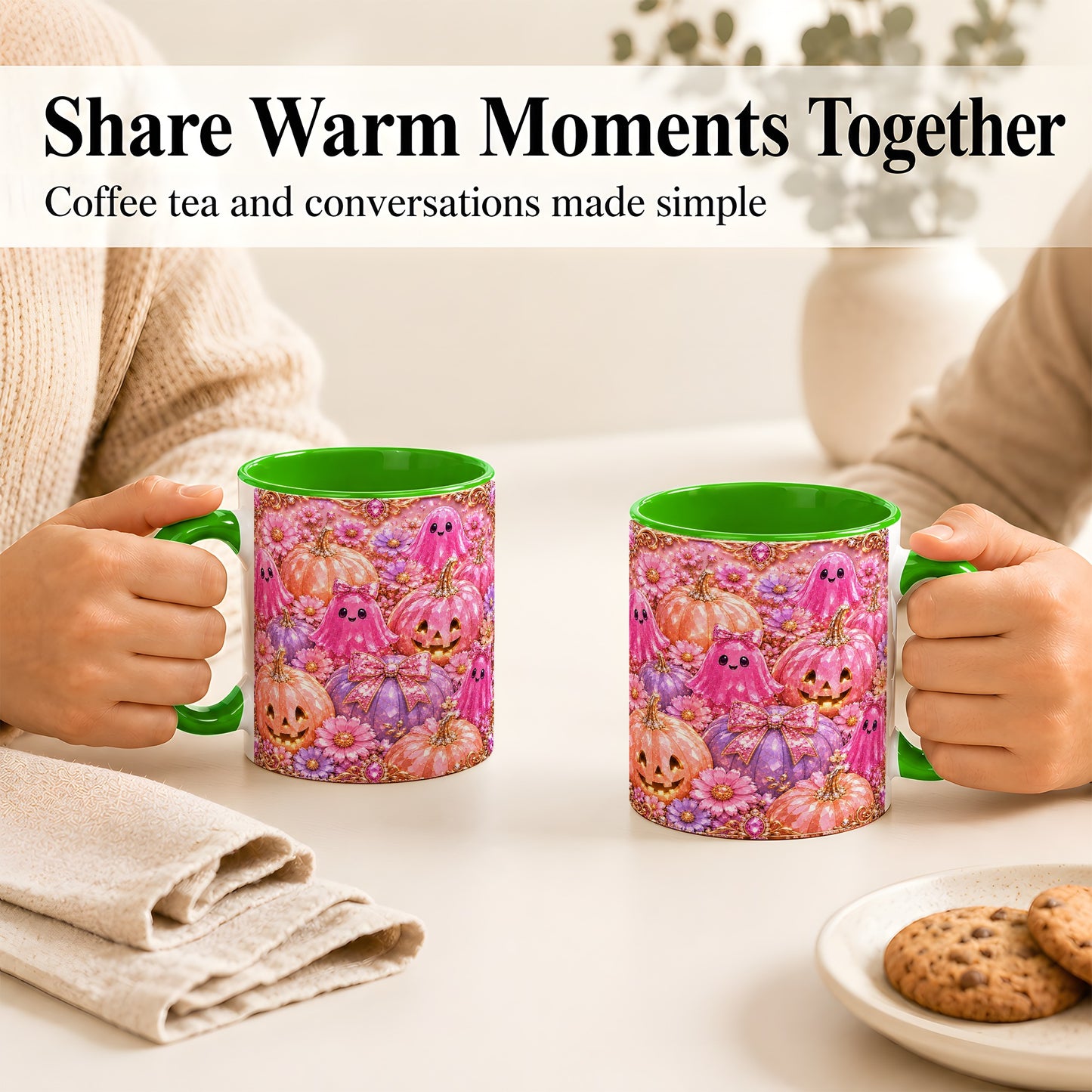 #pl[11oz|Green] Cute Pink Ghost Coffee Mug, Halloween Pumpkin Mug, Ceramic Cup
