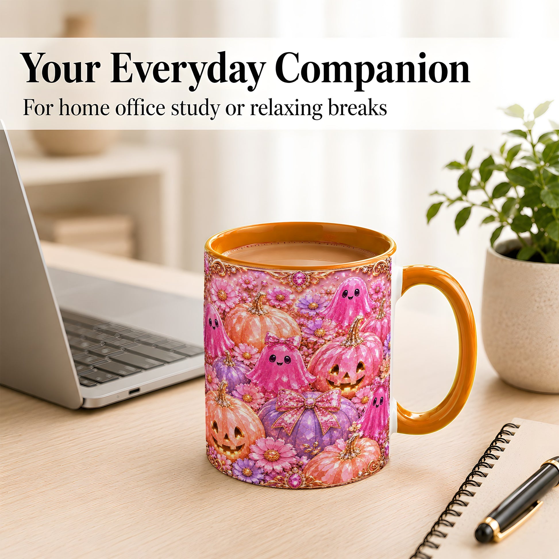 #pl[11oz|Orange] Cute Pink Ghost Coffee Mug, Halloween Pumpkin Mug, Ceramic Cup