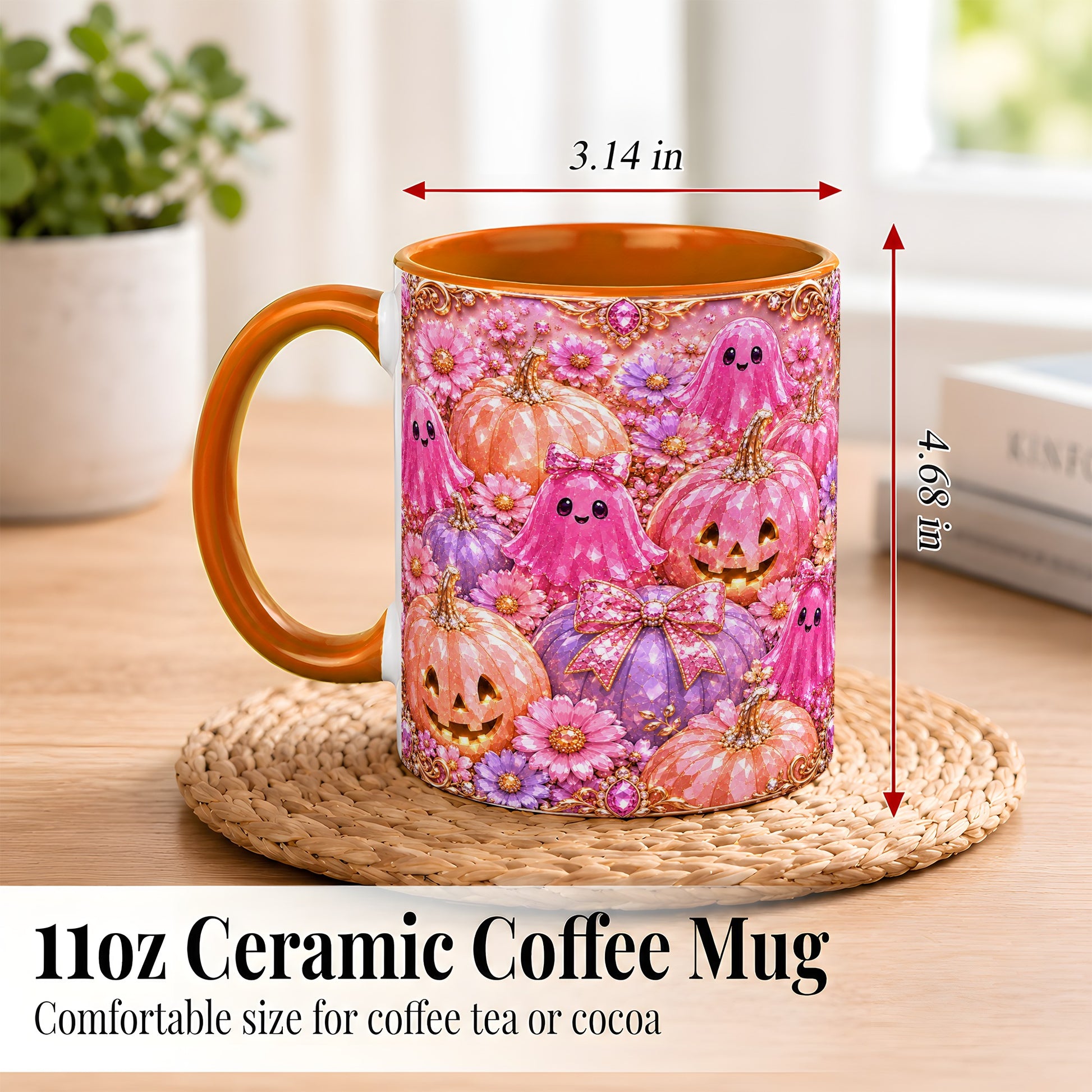 #pl[11oz|Orange] Cute Pink Ghost Coffee Mug, Halloween Pumpkin Mug, Ceramic Cup