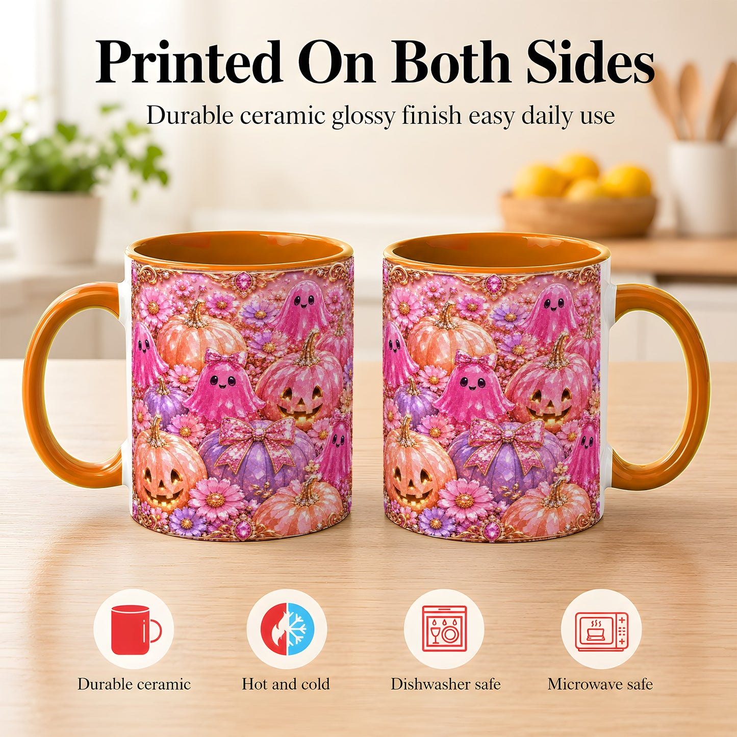 #pl[11oz|Orange] Cute Pink Ghost Coffee Mug, Halloween Pumpkin Mug, Ceramic Cup