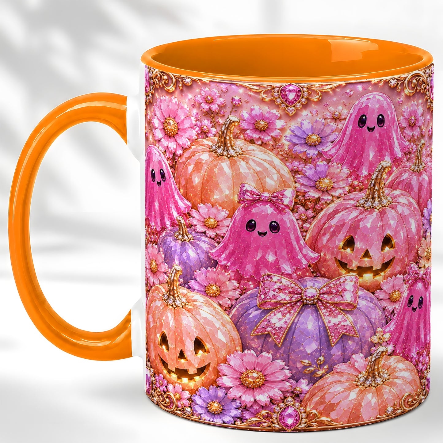 #pl[11oz|Orange] Cute Pink Ghost Coffee Mug, Halloween Pumpkin Mug, Ceramic Cup