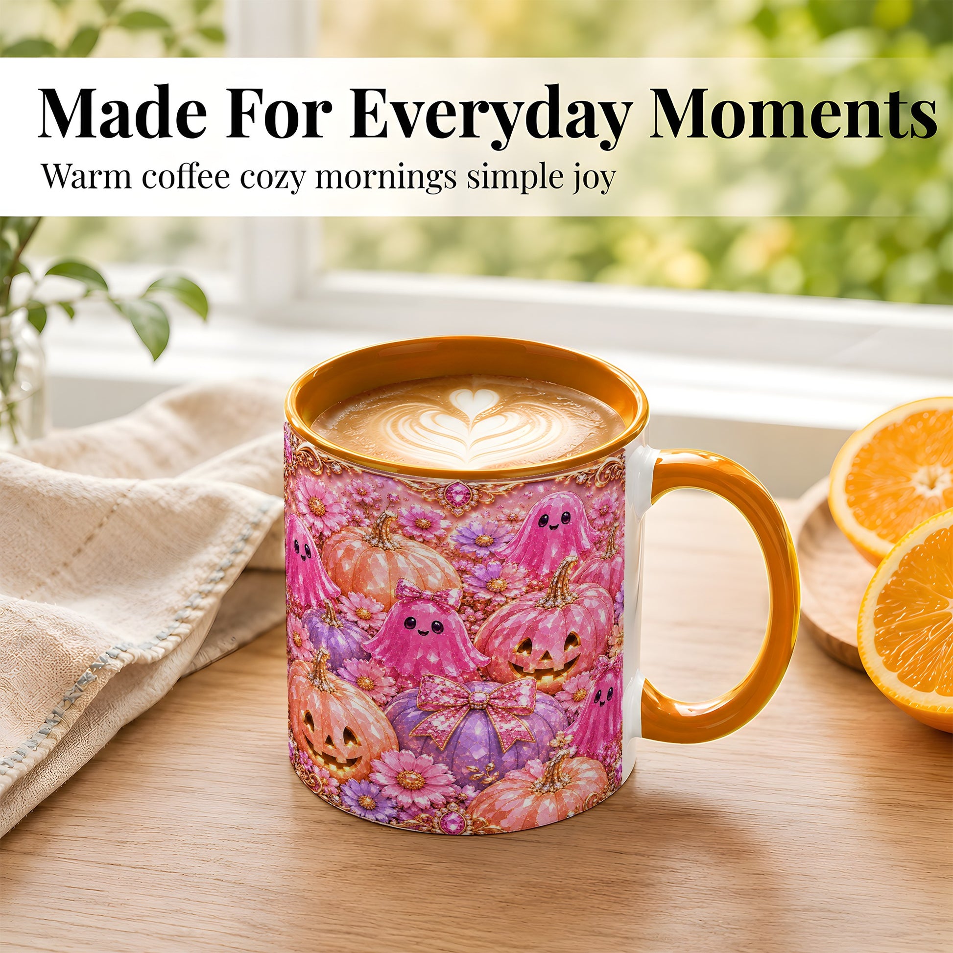 #pl[11oz|Orange] Cute Pink Ghost Coffee Mug, Halloween Pumpkin Mug, Ceramic Cup