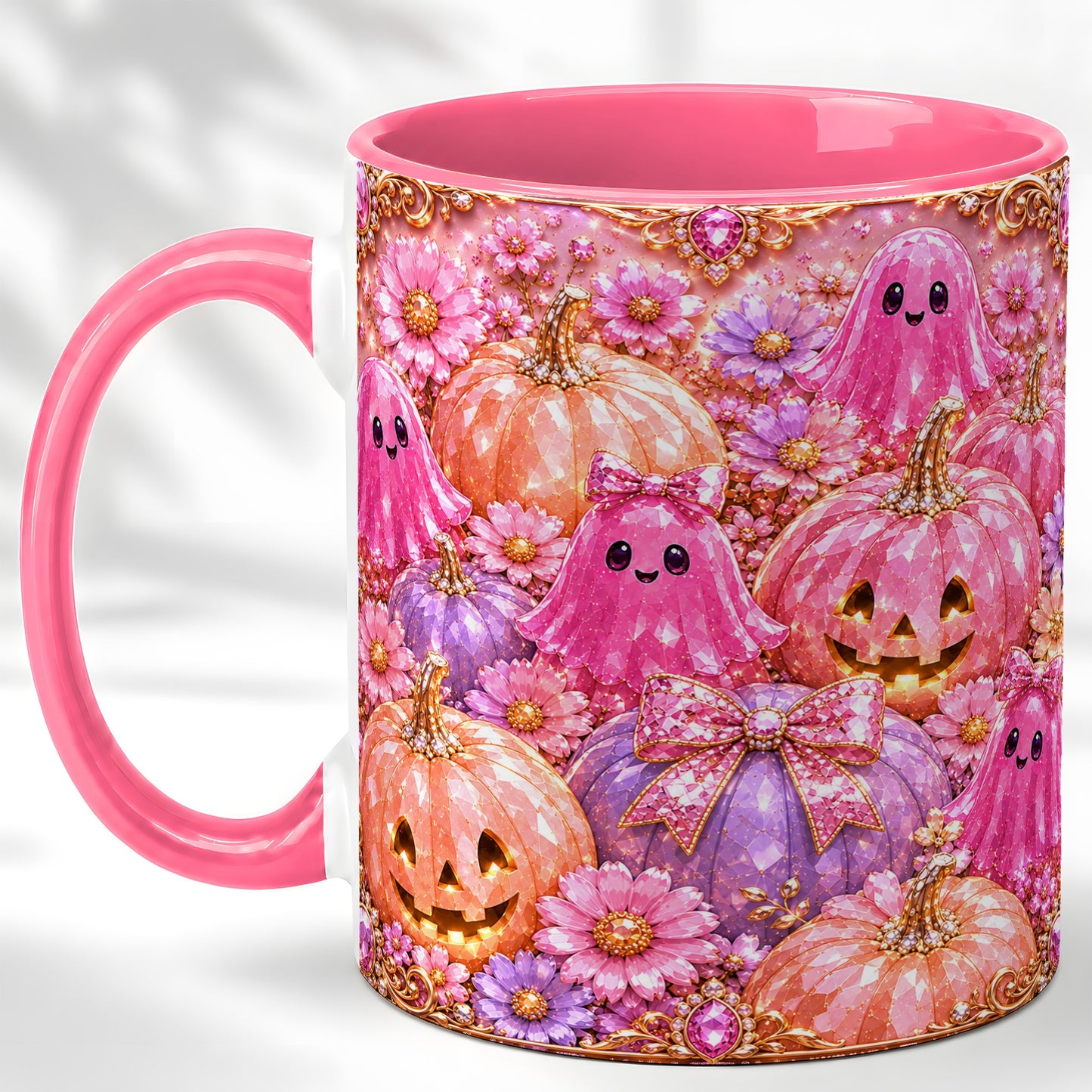 #pl[11oz|Pink] Cute Pink Ghost Coffee Mug, Halloween Pumpkin Mug, Ceramic Cup
