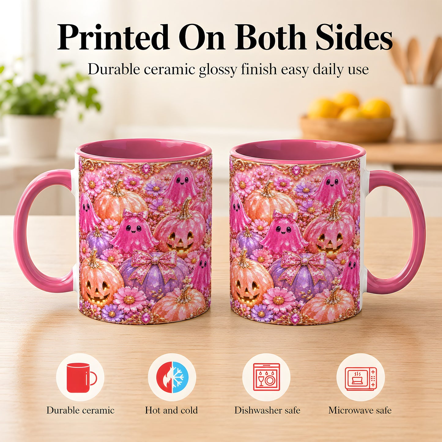 #pl[11oz|Pink] Cute Pink Ghost Coffee Mug, Halloween Pumpkin Mug, Ceramic Cup
