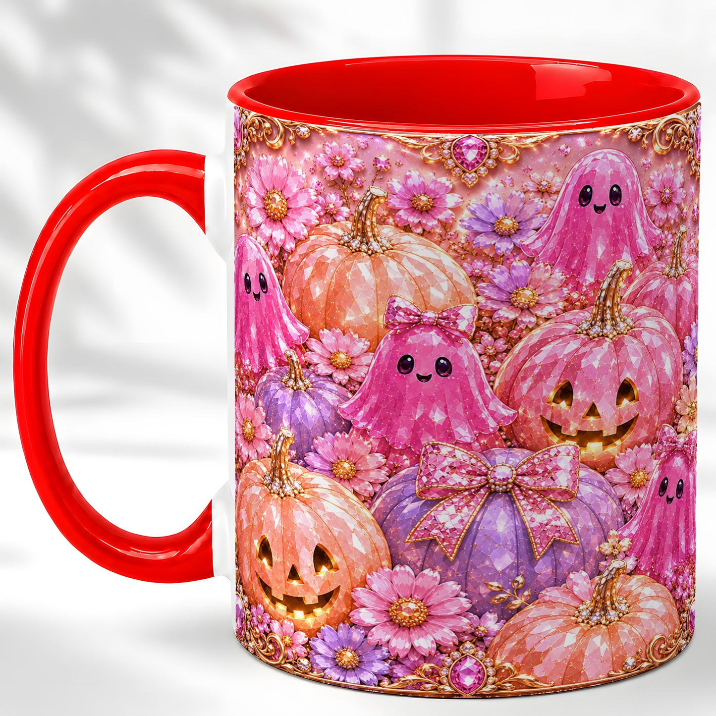 #pl[11oz|Red] Cute Pink Ghost Coffee Mug, Halloween Pumpkin Mug, Ceramic Cup