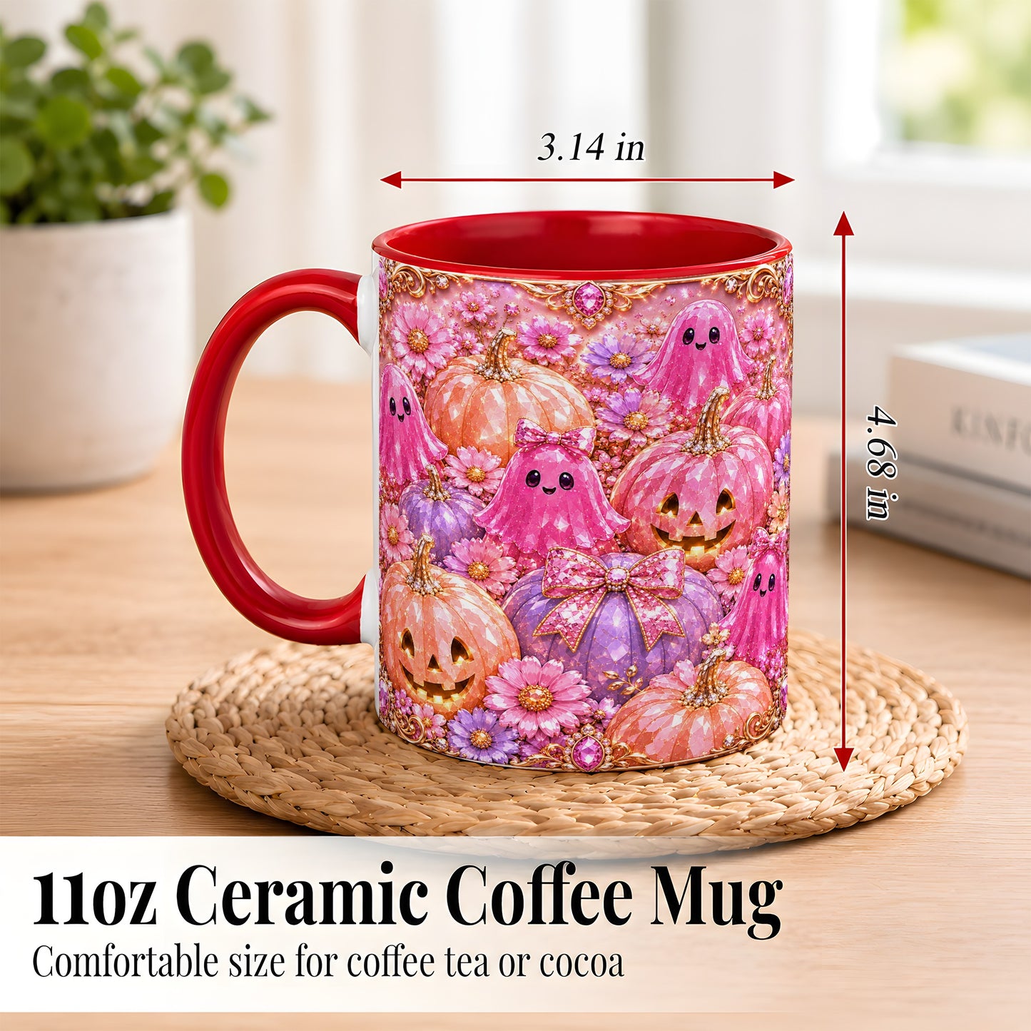 #pl[11oz|Red] Cute Pink Ghost Coffee Mug, Halloween Pumpkin Mug, Ceramic Cup