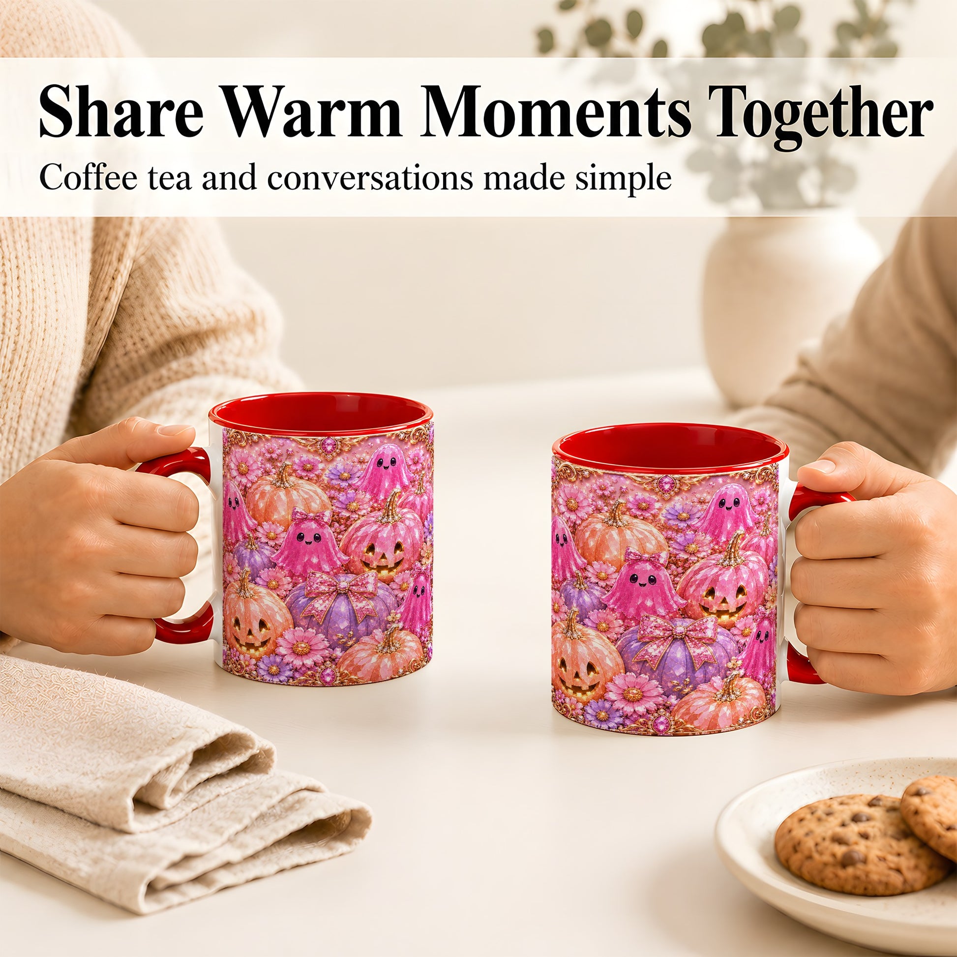 #pl[11oz|Red] Cute Pink Ghost Coffee Mug, Halloween Pumpkin Mug, Ceramic Cup