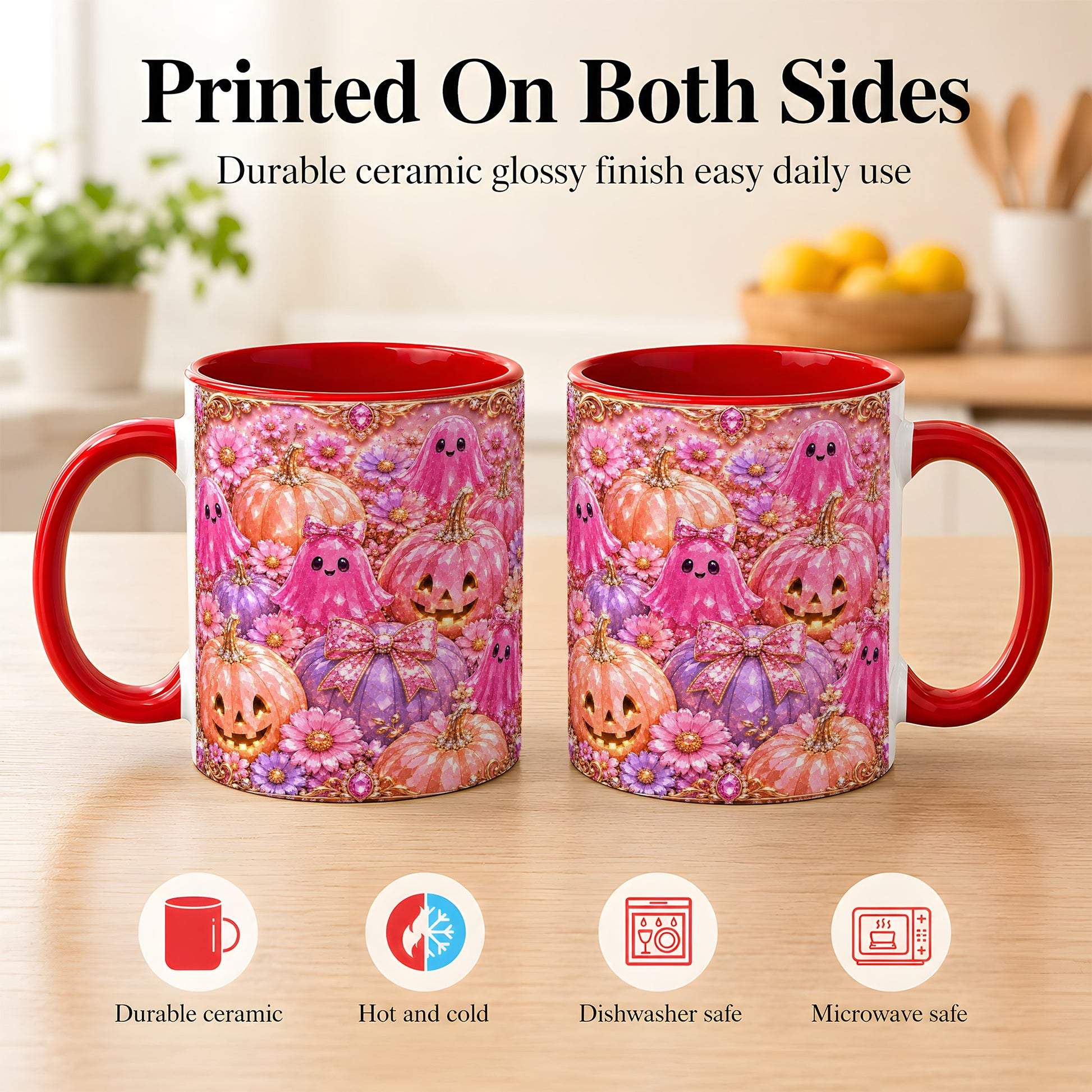 #pl[11oz|Red] Cute Pink Ghost Coffee Mug, Halloween Pumpkin Mug, Ceramic Cup
