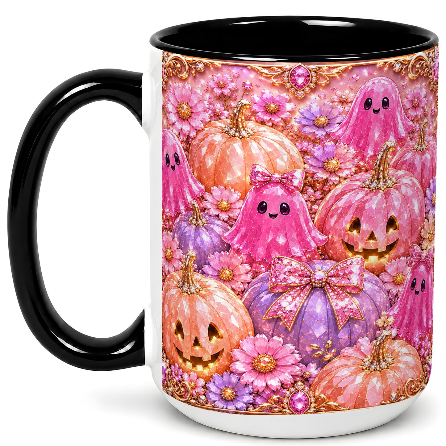 #pl[15oz|Black] Cute Pink Ghost Coffee Mug, Halloween Pumpkin Mug, Ceramic Cup
