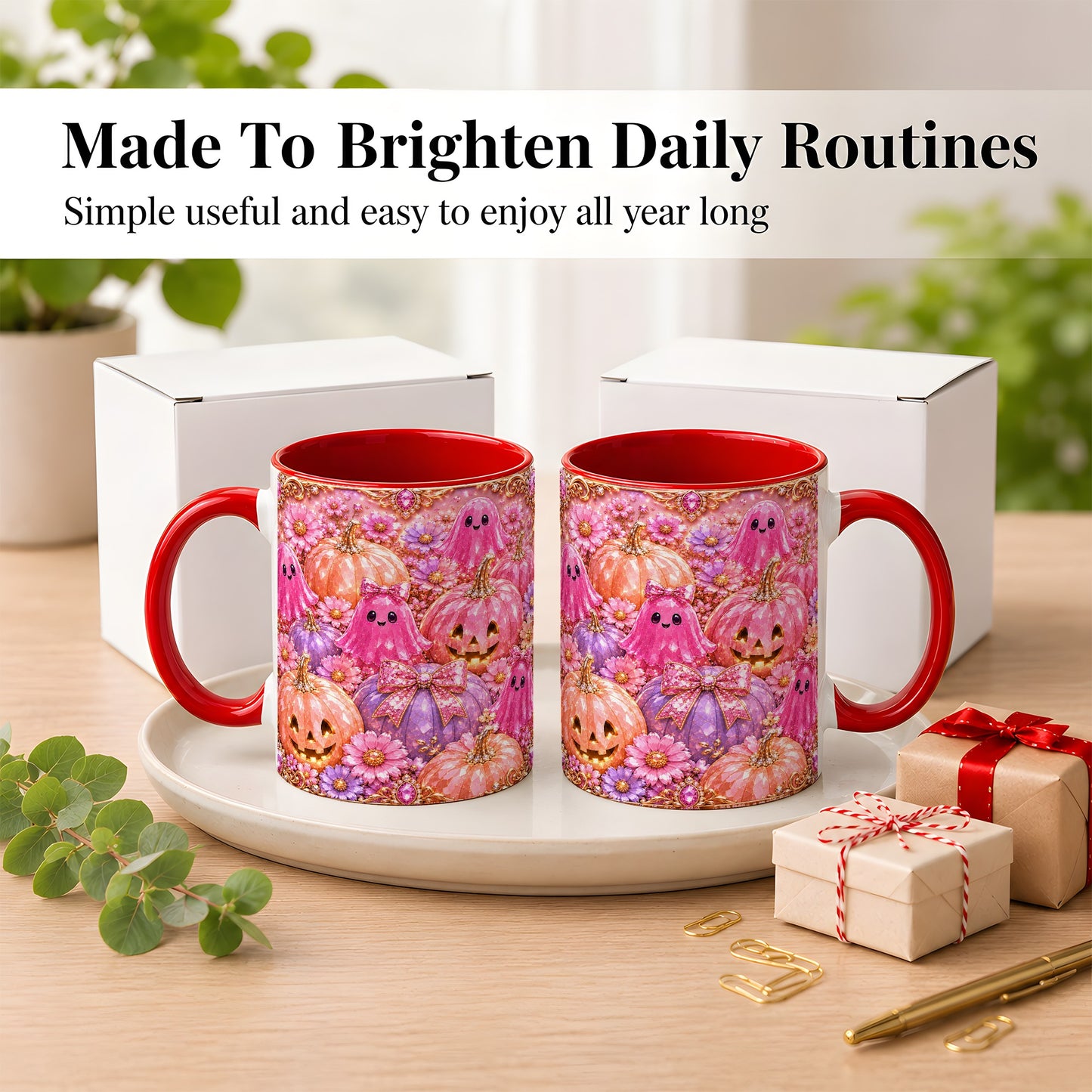 #pl[11oz|Red] Cute Pink Ghost Coffee Mug, Halloween Pumpkin Mug, Ceramic Cup