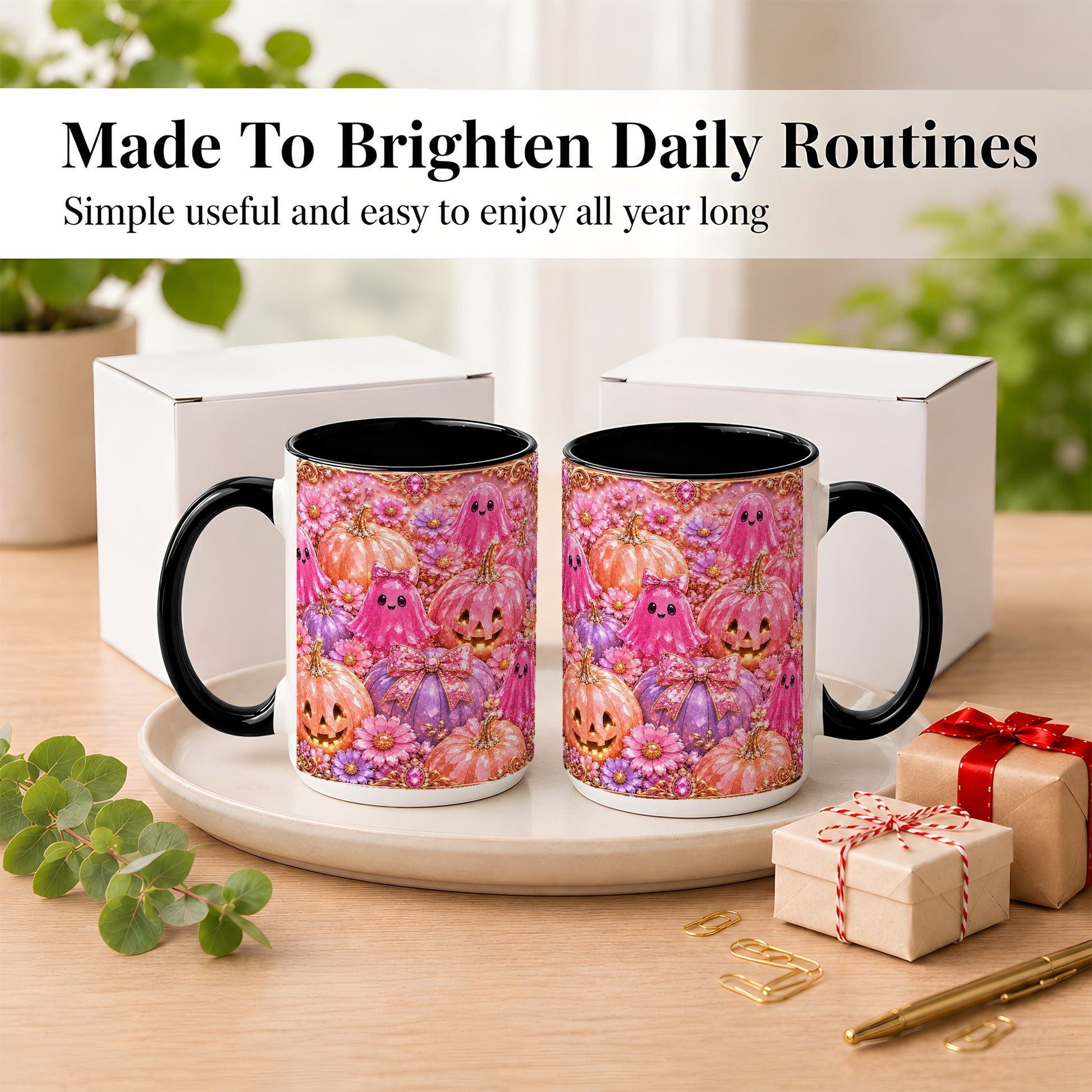 #pl[15oz|Black] Cute Pink Ghost Coffee Mug, Halloween Pumpkin Mug, Ceramic Cup