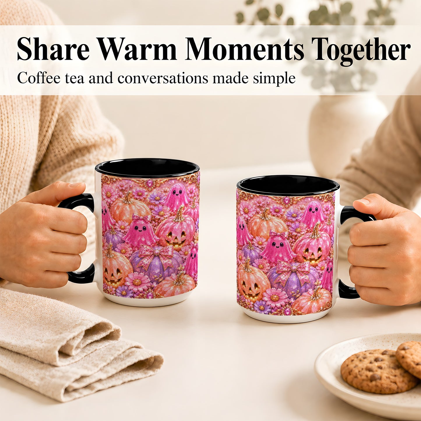 #pl[15oz|Black] Cute Pink Ghost Coffee Mug, Halloween Pumpkin Mug, Ceramic Cup