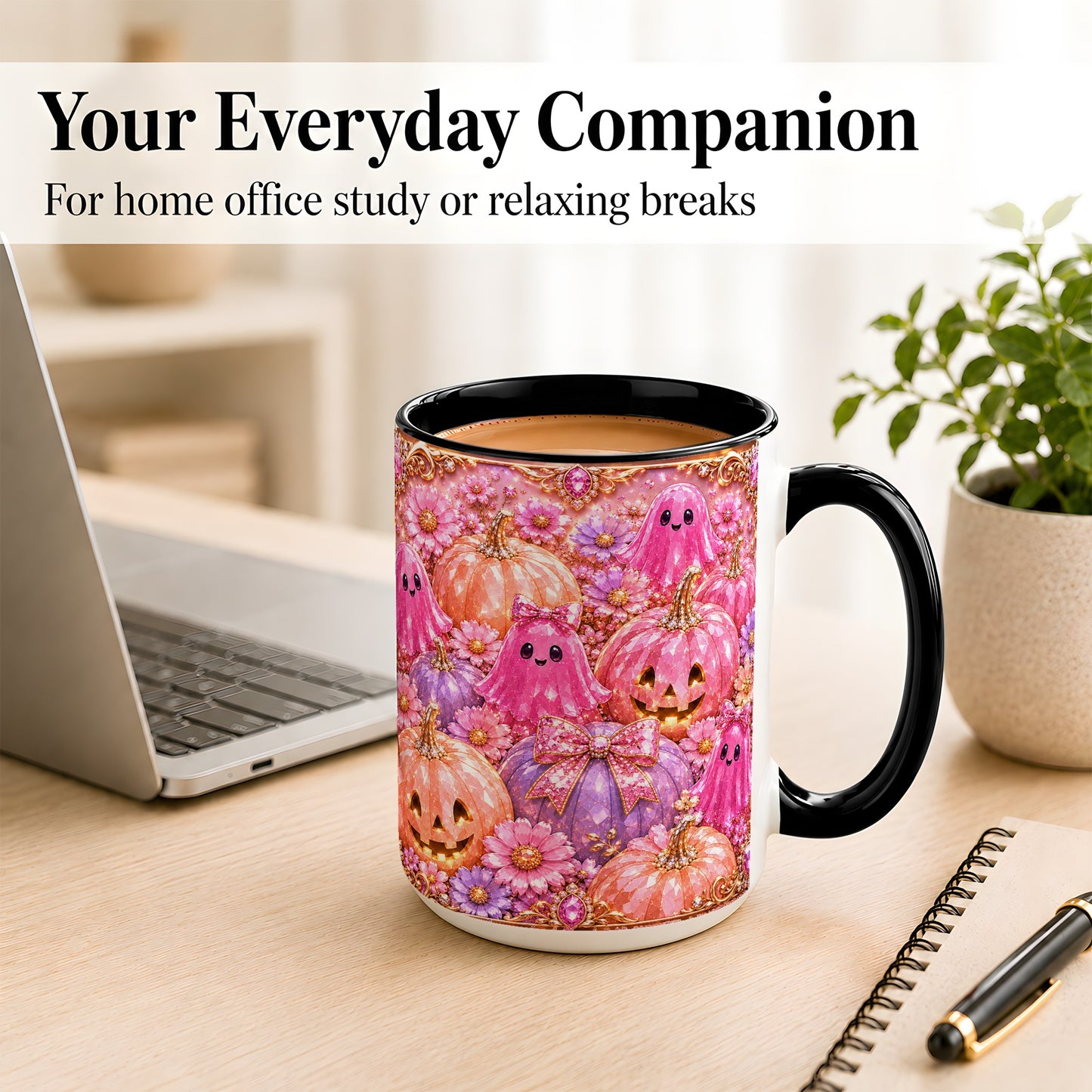 #pl[15oz|Black] Cute Pink Ghost Coffee Mug, Halloween Pumpkin Mug, Ceramic Cup