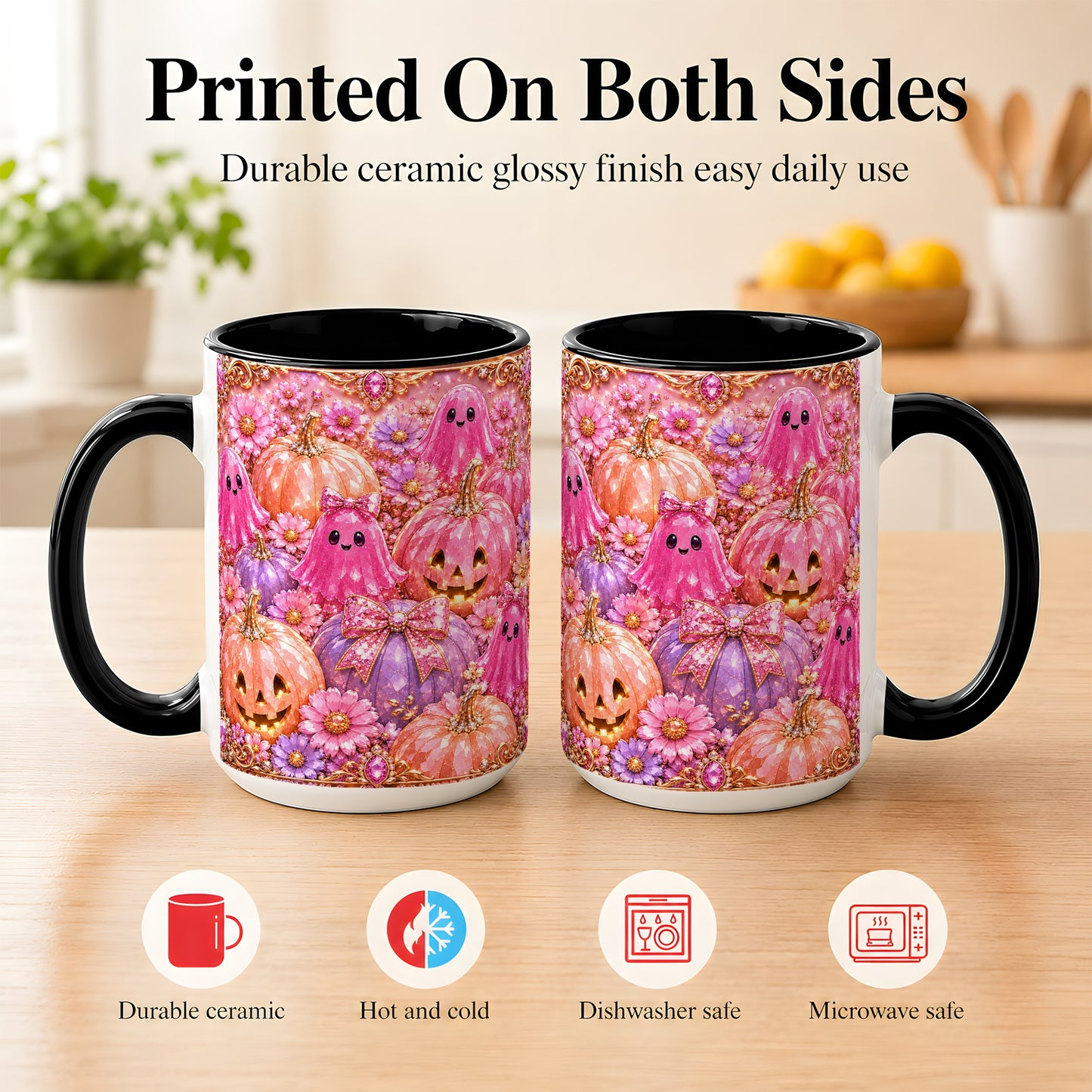 #pl[15oz|Black] Cute Pink Ghost Coffee Mug, Halloween Pumpkin Mug, Ceramic Cup