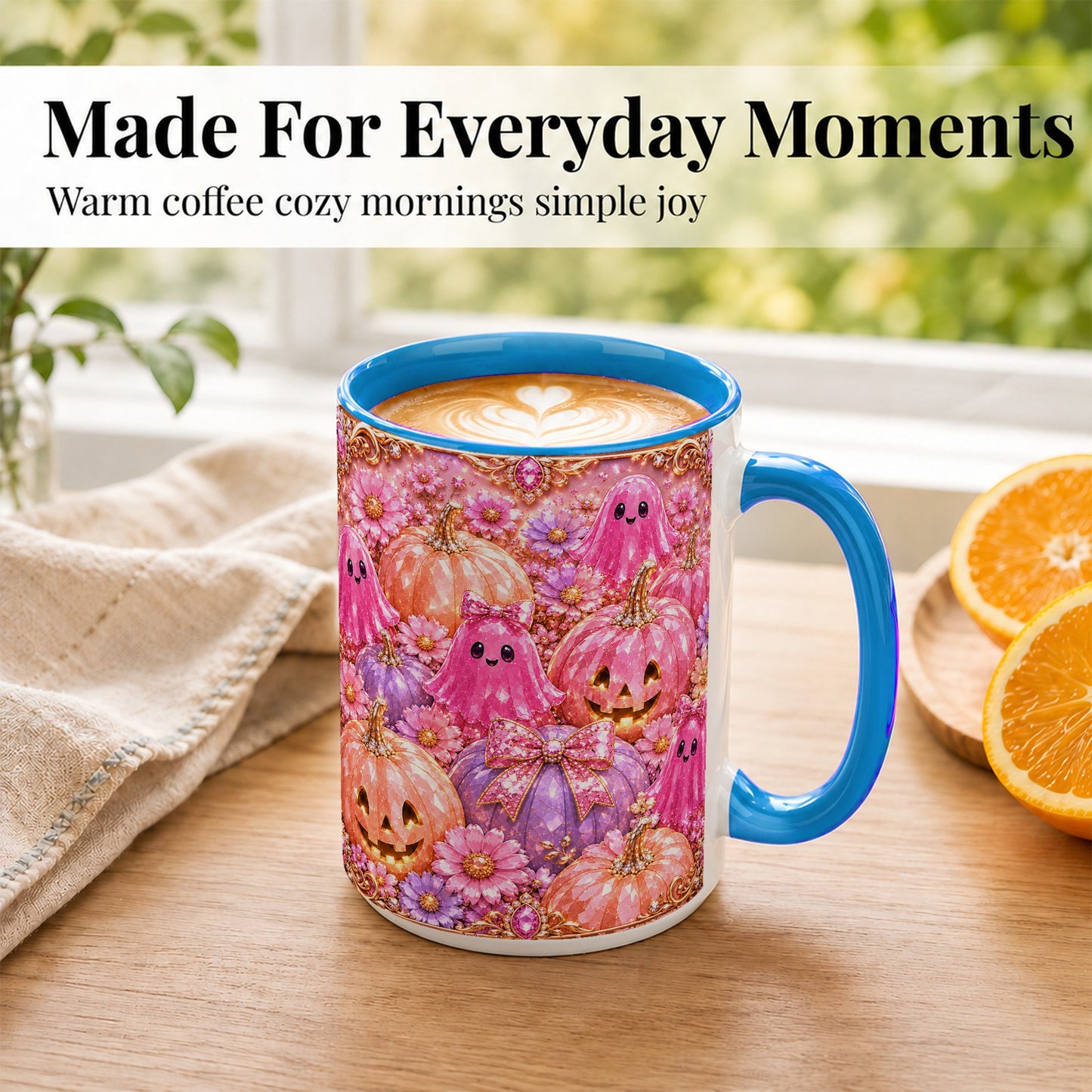 #pl[15oz|Blue] Cute Pink Ghost Coffee Mug, Halloween Pumpkin Mug, Ceramic Cup