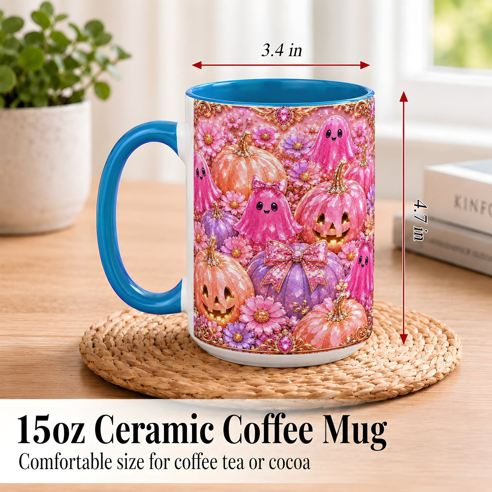 #pl[15oz|Blue] Cute Pink Ghost Coffee Mug, Halloween Pumpkin Mug, Ceramic Cup