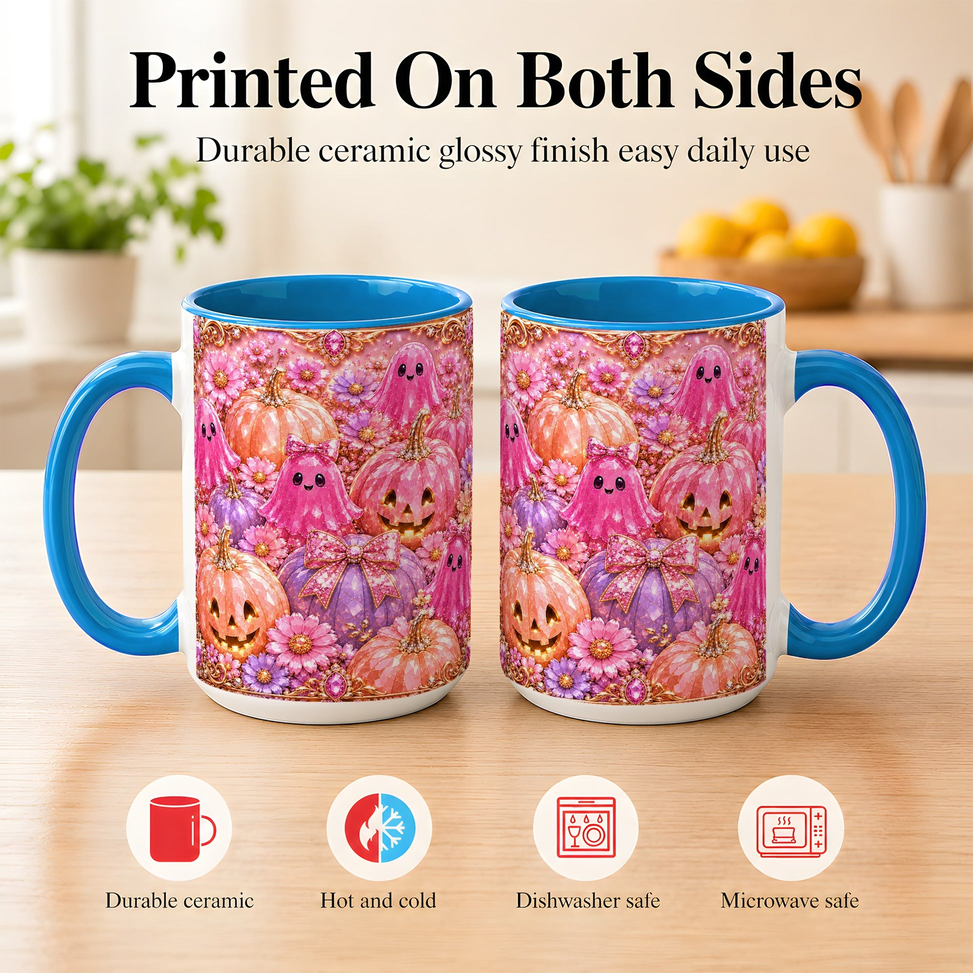 #pl[15oz|Blue] Cute Pink Ghost Coffee Mug, Halloween Pumpkin Mug, Ceramic Cup