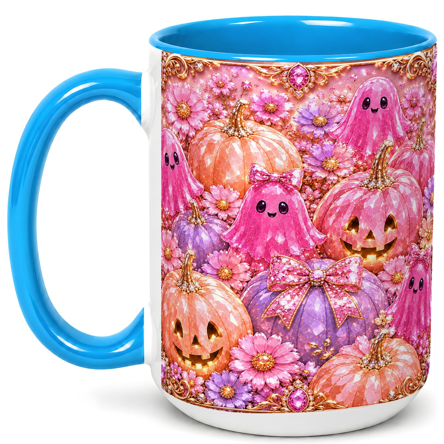 #pl[15oz|Blue] Cute Pink Ghost Coffee Mug, Halloween Pumpkin Mug, Ceramic Cup