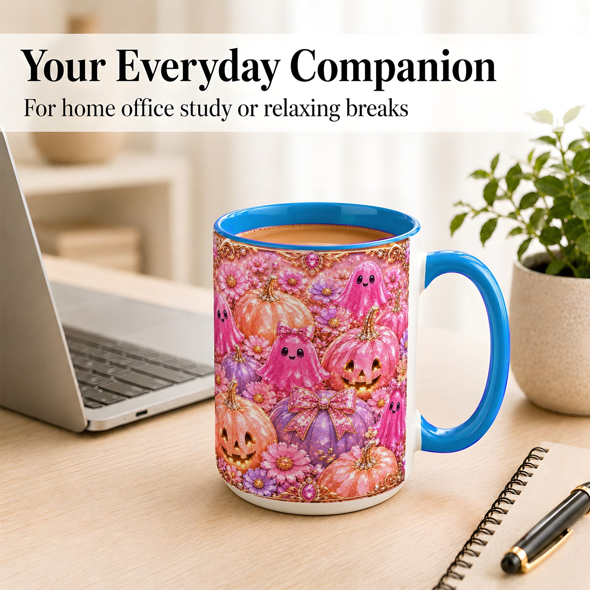 #pl[15oz|Blue] Cute Pink Ghost Coffee Mug, Halloween Pumpkin Mug, Ceramic Cup