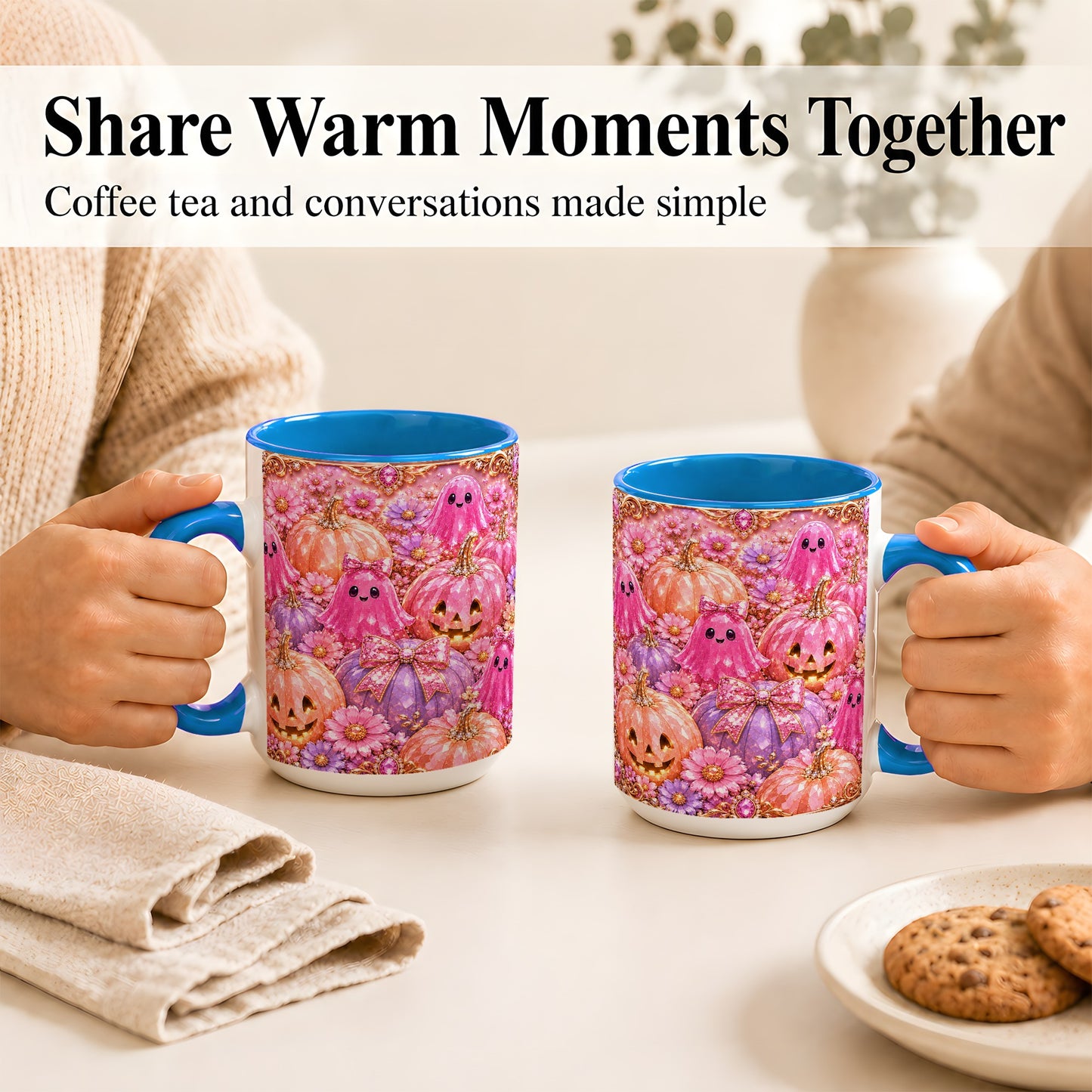 #pl[15oz|Blue] Cute Pink Ghost Coffee Mug, Halloween Pumpkin Mug, Ceramic Cup