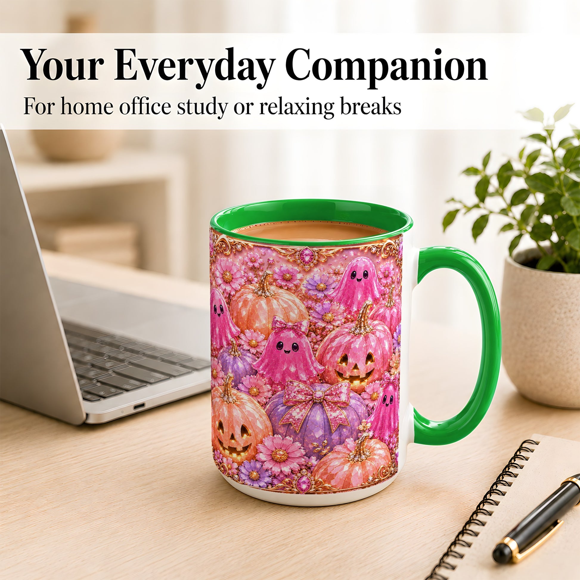 #pl[15oz|Green] Cute Pink Ghost Coffee Mug, Halloween Pumpkin Mug, Ceramic Cup