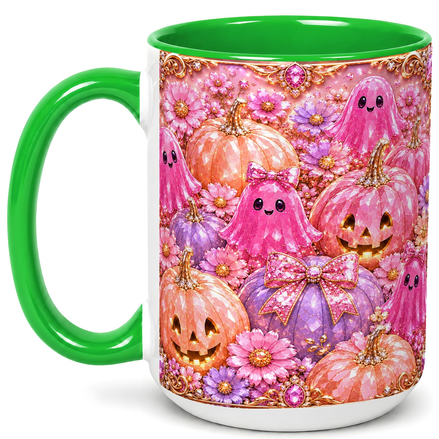 #pl[15oz|Green] Cute Pink Ghost Coffee Mug, Halloween Pumpkin Mug, Ceramic Cup