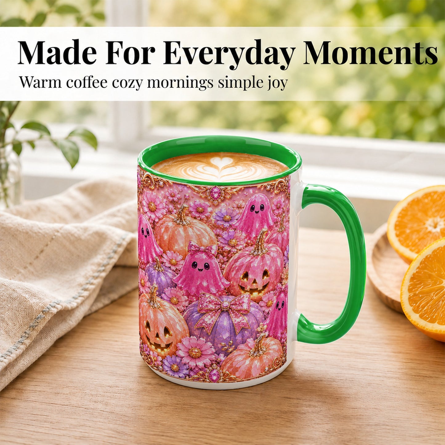 #pl[15oz|Green] Cute Pink Ghost Coffee Mug, Halloween Pumpkin Mug, Ceramic Cup