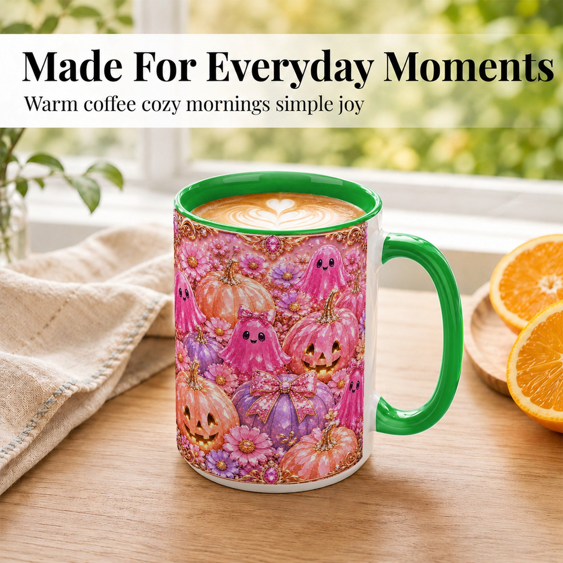 #pl[15oz|Green] Cute Pink Ghost Coffee Mug, Halloween Pumpkin Mug, Ceramic Cup